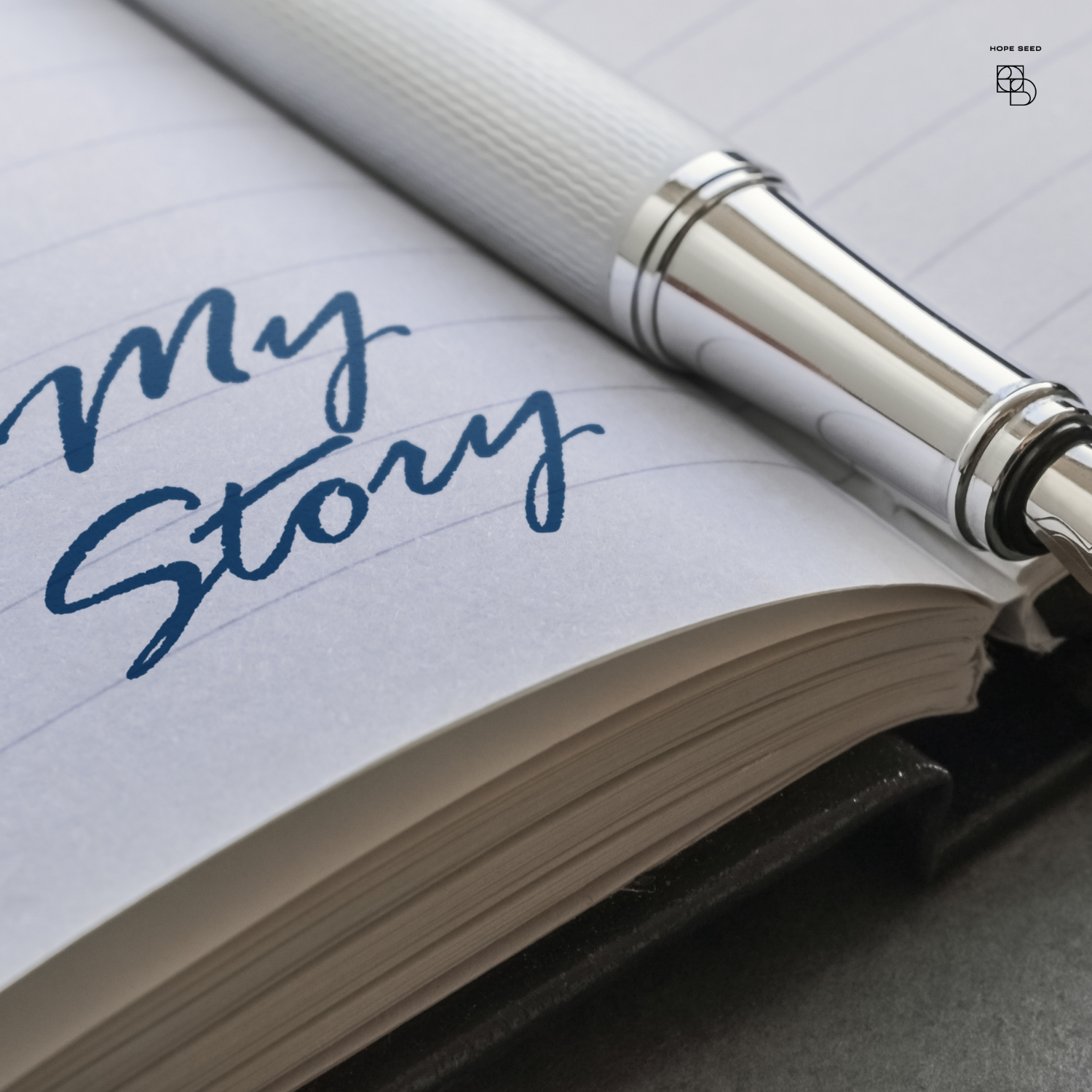 A notebook with the words 'my story' written in blue ink, and a silver pen resting on it.