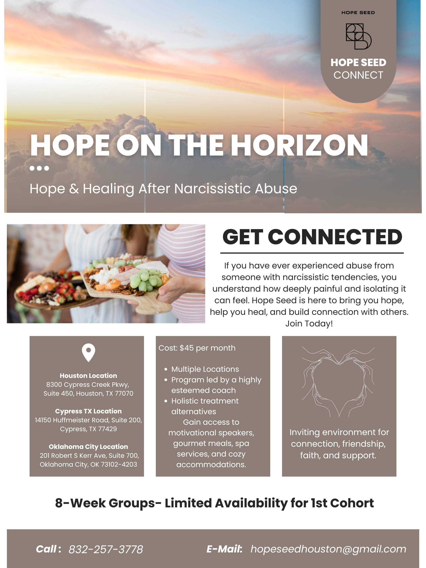 A website page for Hope Seed, promoting hope and healing after narcissistic abuse. The background features a sky with clouds at sunset. The top right corner has a logo and text reading 'Hope Seed Connect.' The main headline is 'Hope on the Horizon,' with a subheader about hope and healing. The page includes a section about getting connected, locations in Houston, Cypress, and Oklahoma City, and information about program features, pricing, and contact details.