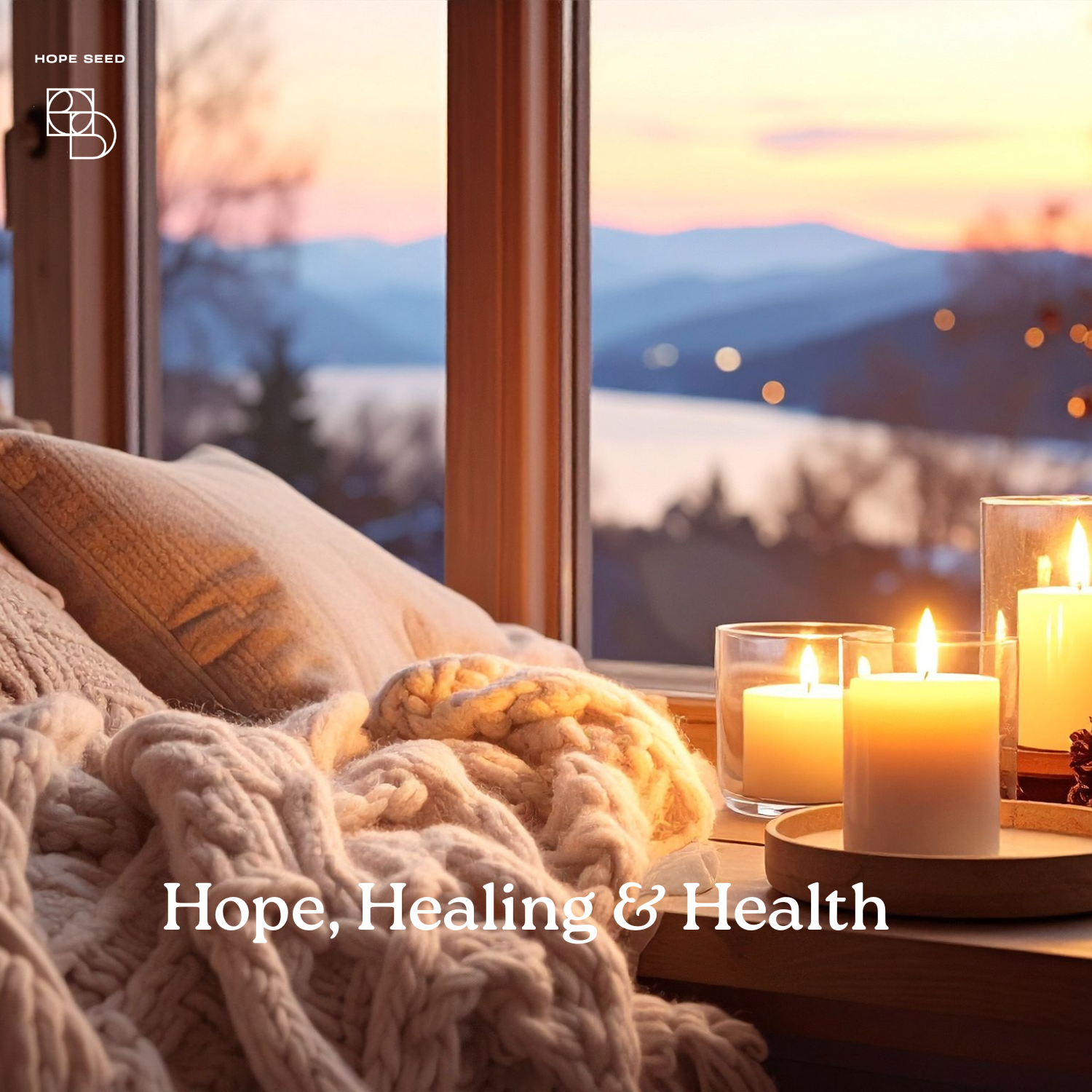 Cozy indoor scene with pillows and a chunky knit blanket on a windowsill, overlooking a snowy landscape and mountains at sunset, with lit candles in glass holders and the text 'Hope, Healing & Health' overlayed.