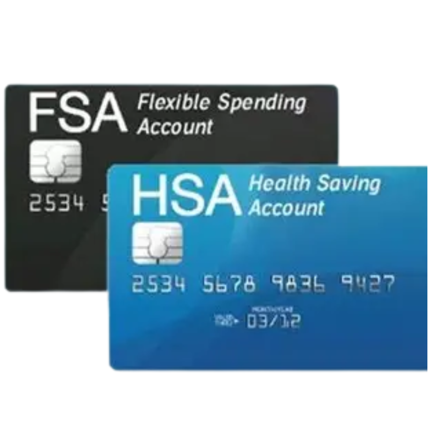 Two health savings account (HSA) cards, one black and one blue, with card details and chip visible.
