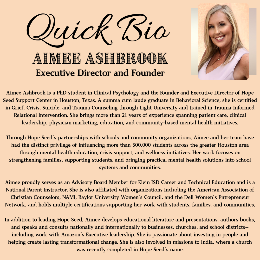 A professional bio of Aimee Ashbrook, including her photo, title, and detailed background information about her education, career, and community involvement. The layout features a photo of Aimee on the right, with her name and title prominently displayed on the left.