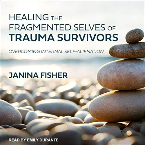 Cover of a book titled 'Healing the Fragmented Selves of Trauma Survivors' with a background of stacked stones on a pebble beach.