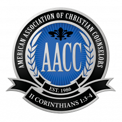 Logo of the American Association of Christian Counselors (AACC), featuring a blue and black circular design with laurel leaves, and the text 'American Association of Christian Counselors,' 'Est. 1986,' and the Bible verse reference 'II Corinthians 1:3-4.'