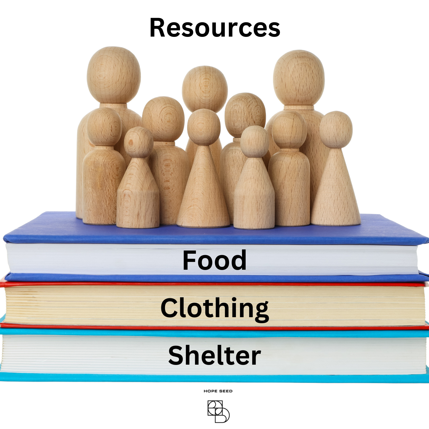 Stack of four colorful books topped with wooden figurines arranged in a group, with the words 'Resources,' 'Food,' 'Clothing,' and 'Shelter' printed on the spines and cover of the books.