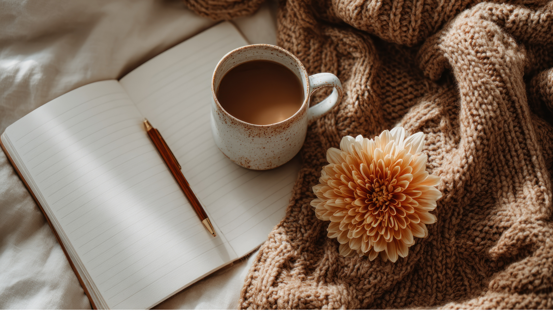 An open blank notebook with a pen, a mug of coffee, a large peach-colored flower, and a beige knit blanket on a soft white surface.
