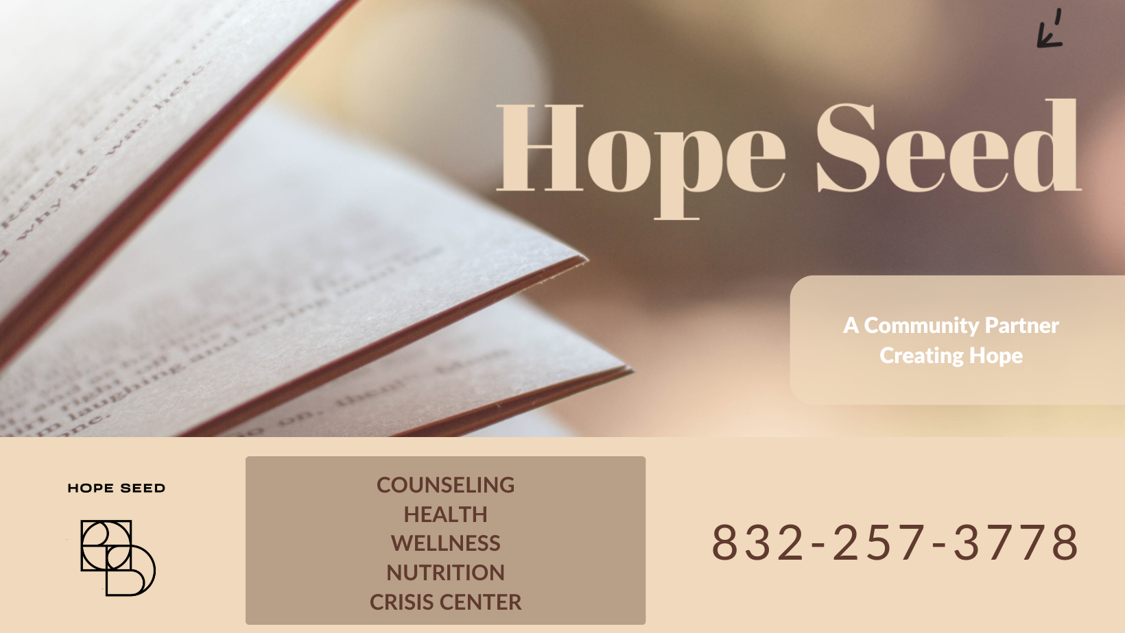 Close-up of open book pages with the text 'Hope Seed' overlaid, along with contact information and service categories such as counseling, health, wellness, nutrition, and crisis center.