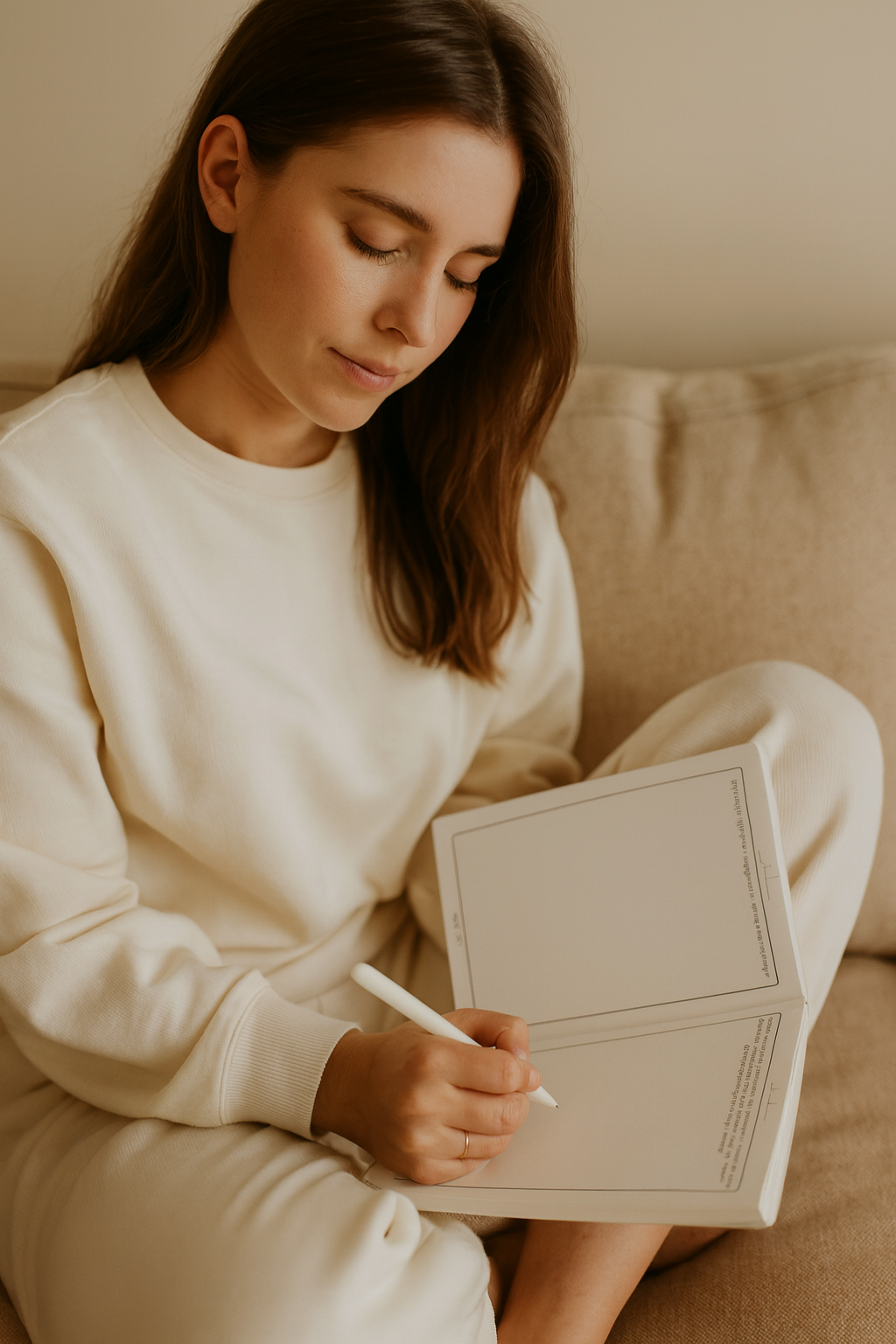 Person sitting at a table writing in a guided journal with a cup of coffee and yellow flower on the side table
