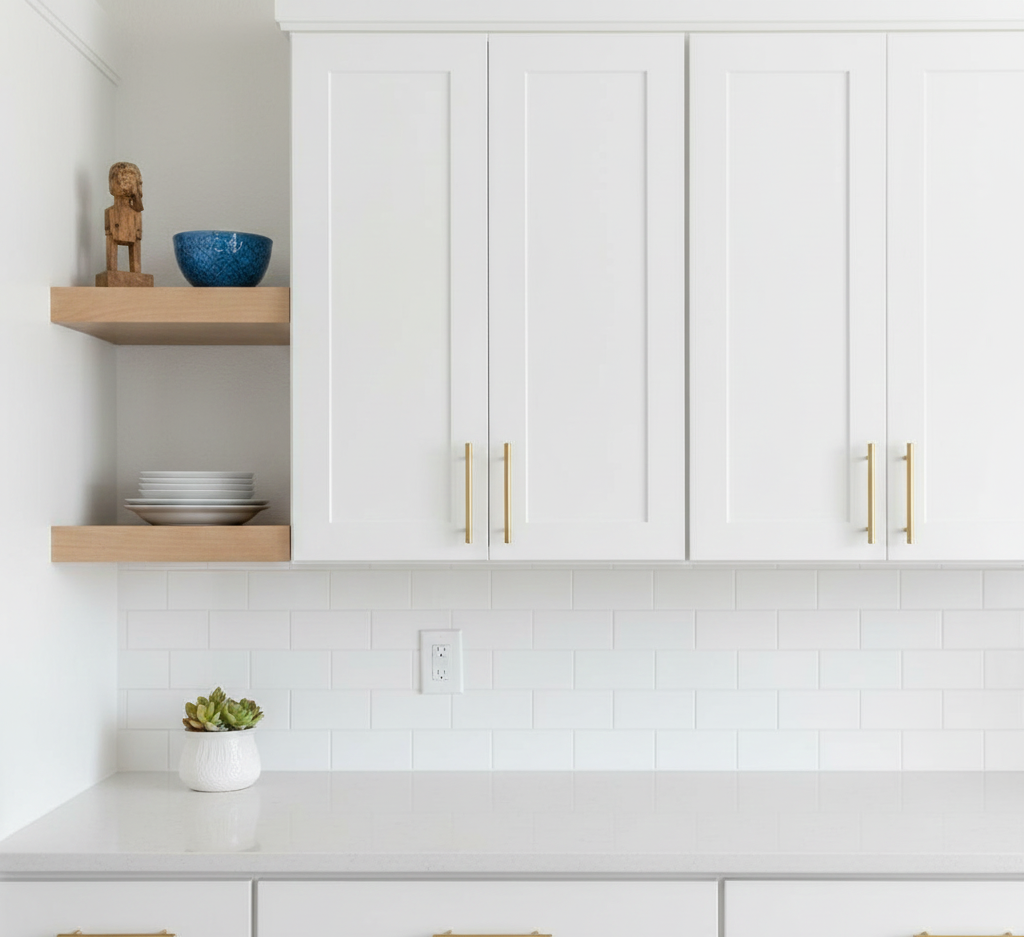 Modern white kitchen cabinets with gold handles, open wooden shelves displaying a blue bowl, white plates, a small potted succulent, and a decorative wooden figurine.