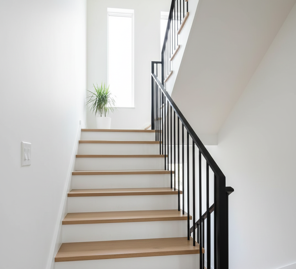 Interior staircase with wooden steps, black metal railing, white walls, and a narrow window with a green potted plant next to it.