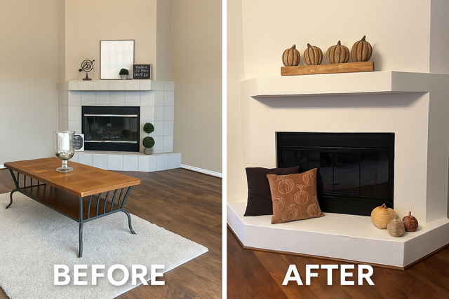 Comparison of a living room fireplace area before and after renovation. In the before image, the fireplace has white tiles and is decorated with a mirror, a framed quote, and small topiary plants. In the after image, the fireplace has a smooth white finish, with decorative pumpkins on a shelf above and various gourds on the hearth, along with two throw pillows in front.