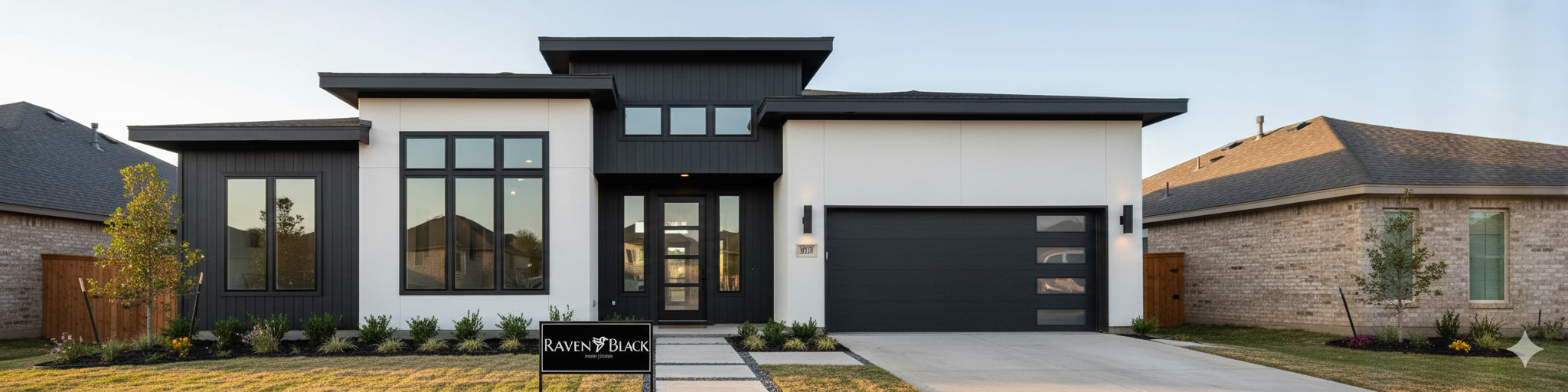 Modern two-story house with black and white exterior, large front windows, and a black garage door. Front lawn with small plants and trees. Clear sky in the background.