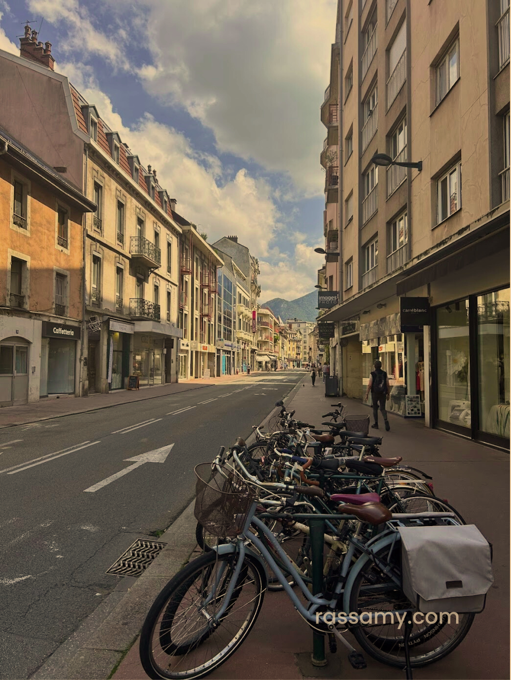Parked bikes along streets of Annecy