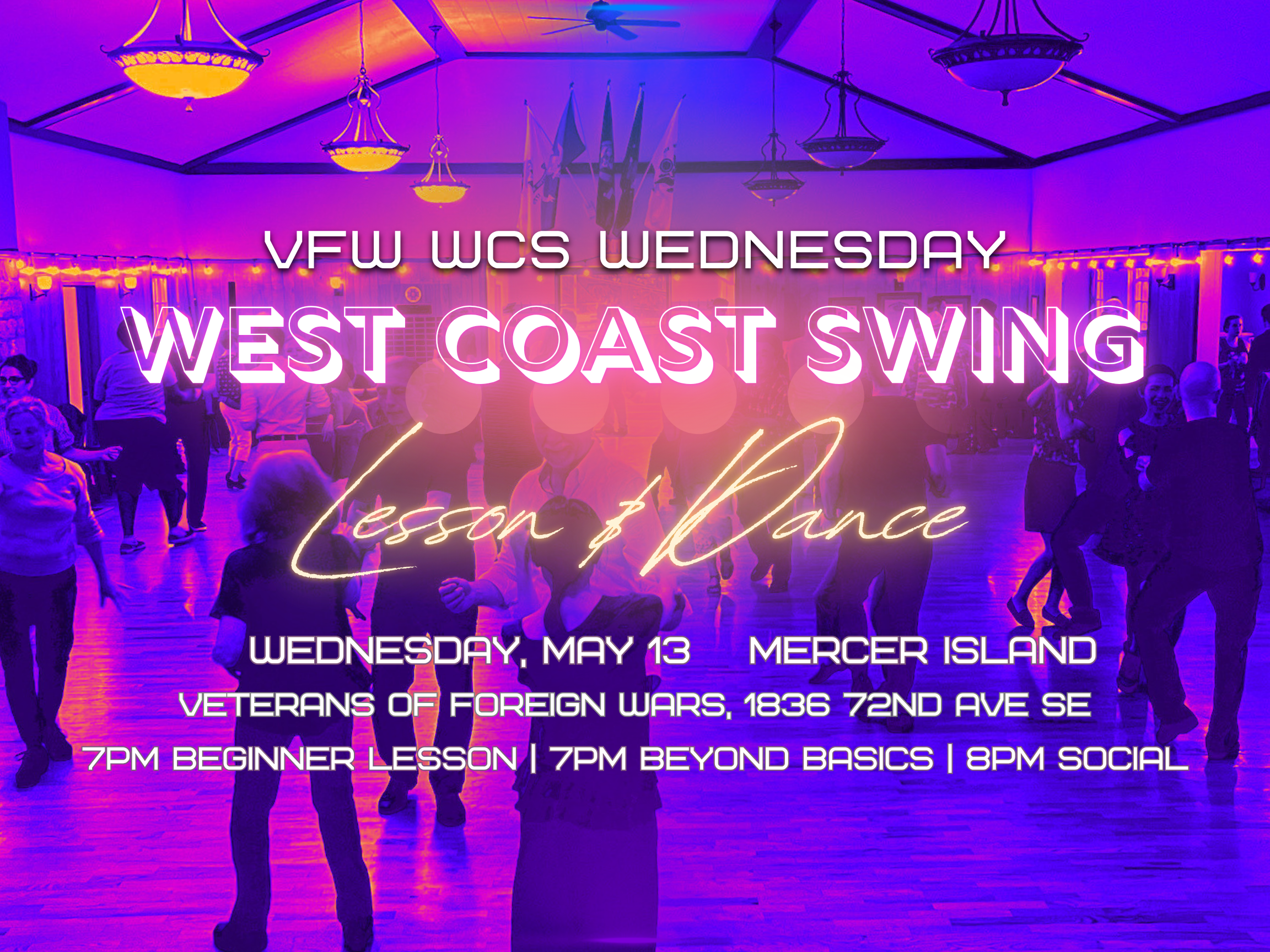 Upbeat Events flyer for West Coast Swing at Olympia Eagles Grand Ballroom with Instructor and DJ Rassamy.