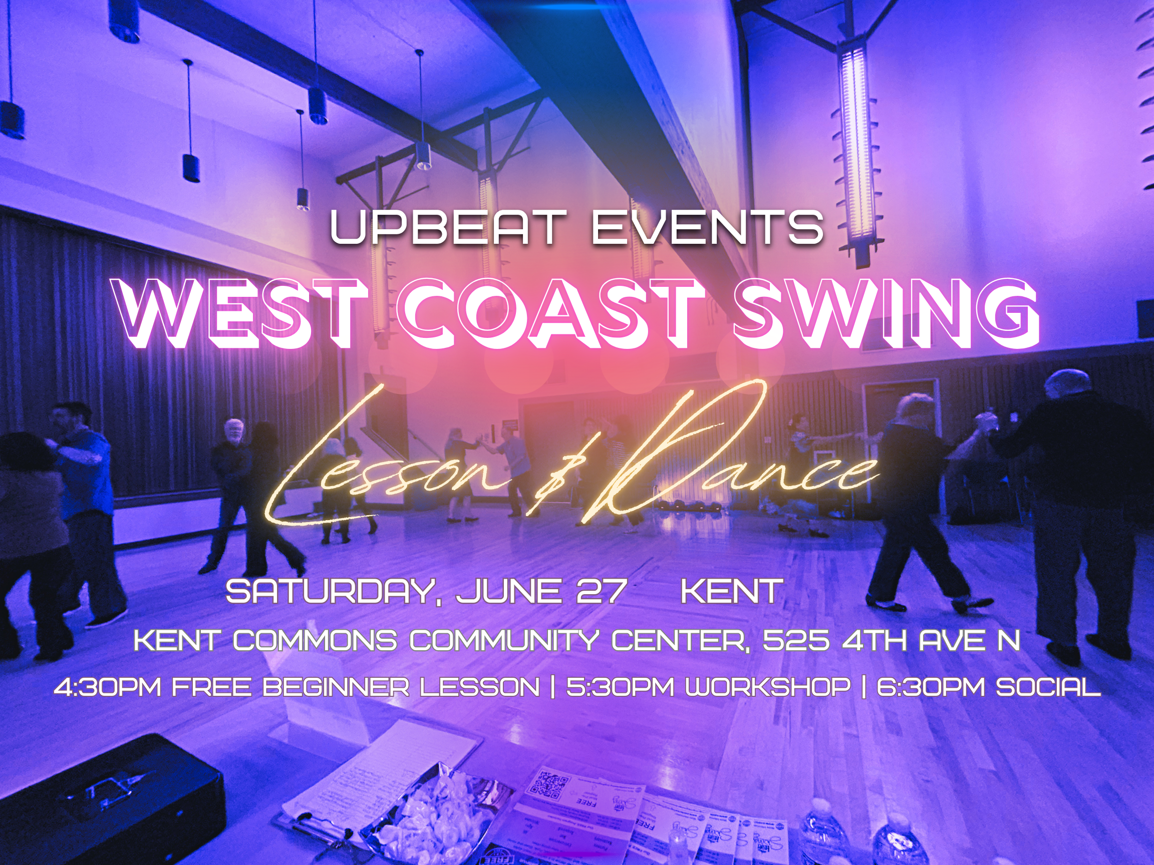 Upbeat Events flyer for West Coast Swing at Kent Commons Community Center featuring DJ and instructor Rassamy.