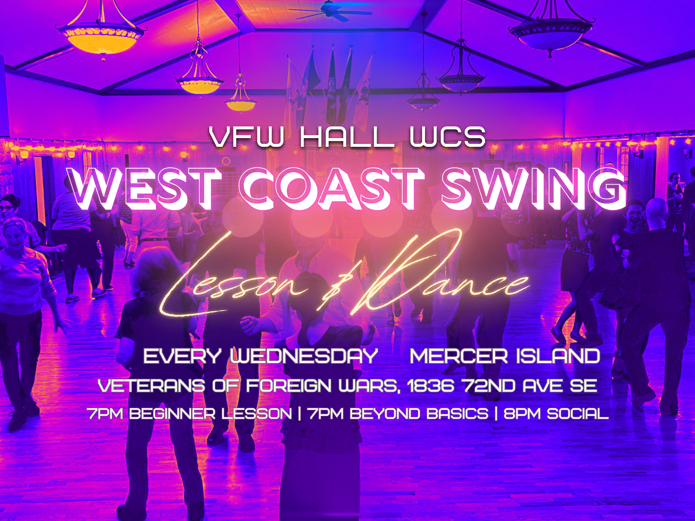 West Coast Swing event flyer for Wednesday night at Mercer Island VFW.
