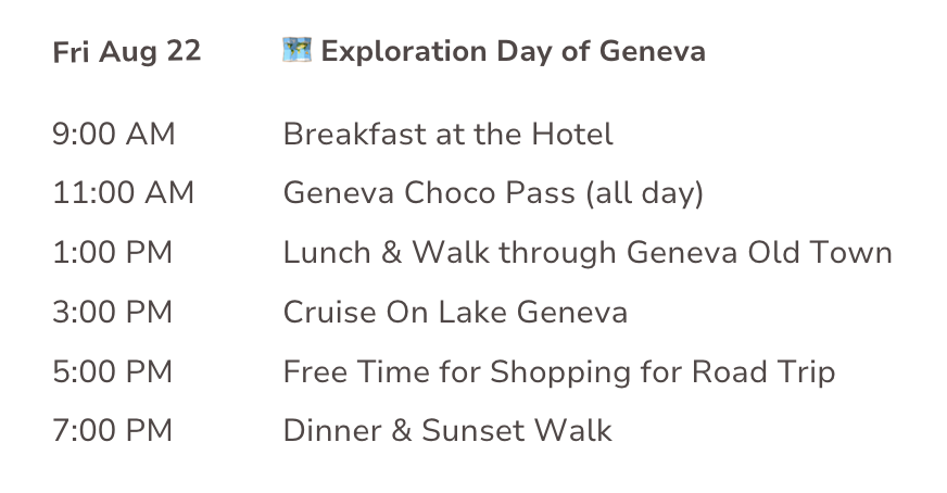 Screenshot of daily itinerary of exploration day in Geneva.