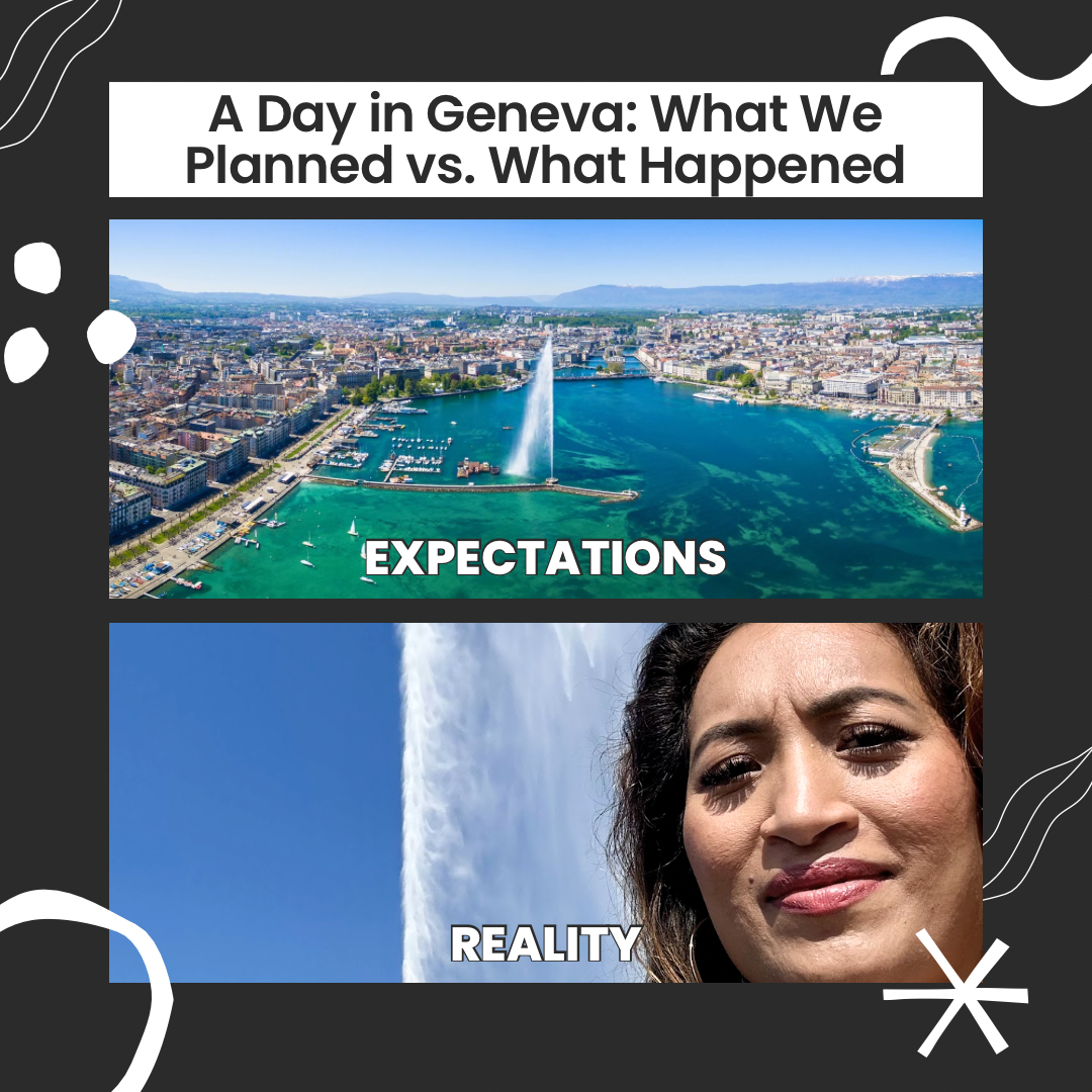 Cover for a family travel blog post about spending a day in Geneva with planned activities vs. the real experiences.