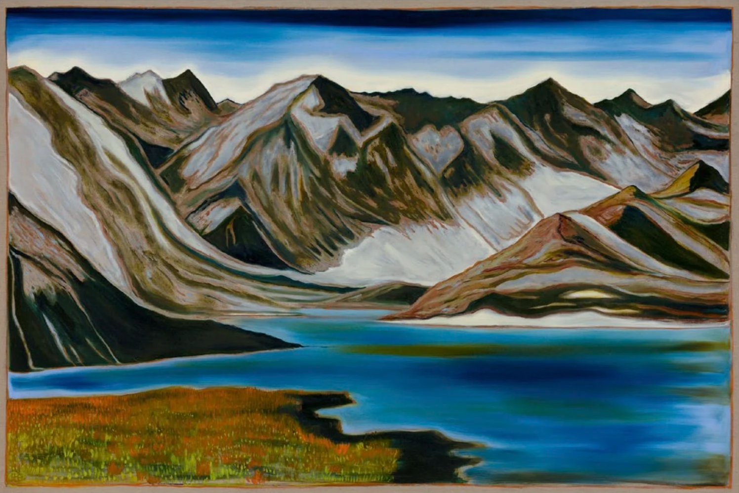 Billy Childish lake beneath mountains, 2025 Oil and charcoal on linen, 72 x 107 7/8 inches (183 x 274 cm) LM39439 EUR €99,000 + GST