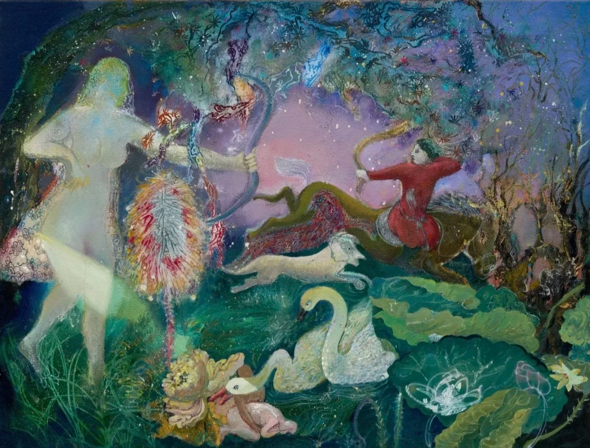 Yi Liu The Hunt, 2025 oil, acrylic, and ink on linen, 31.5 x 41.34 inches USD7,150 + GST