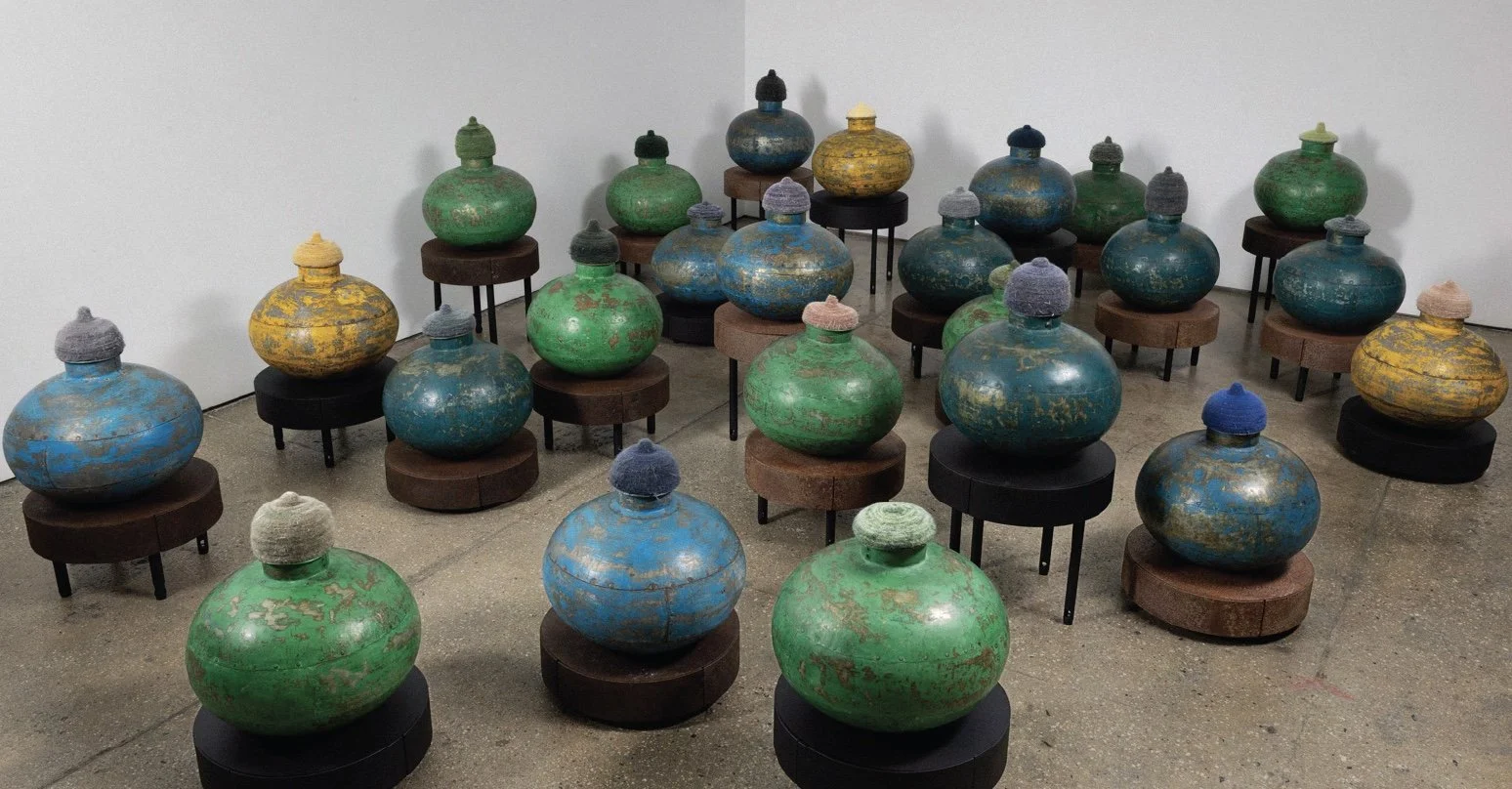 Pinaree Sanpitak, Balancing Act 24, 2024, 24 Indian metal containers, mulberry paper, needle, on 24 bases, diameter 36cm Variable, GL16289, USD125,000