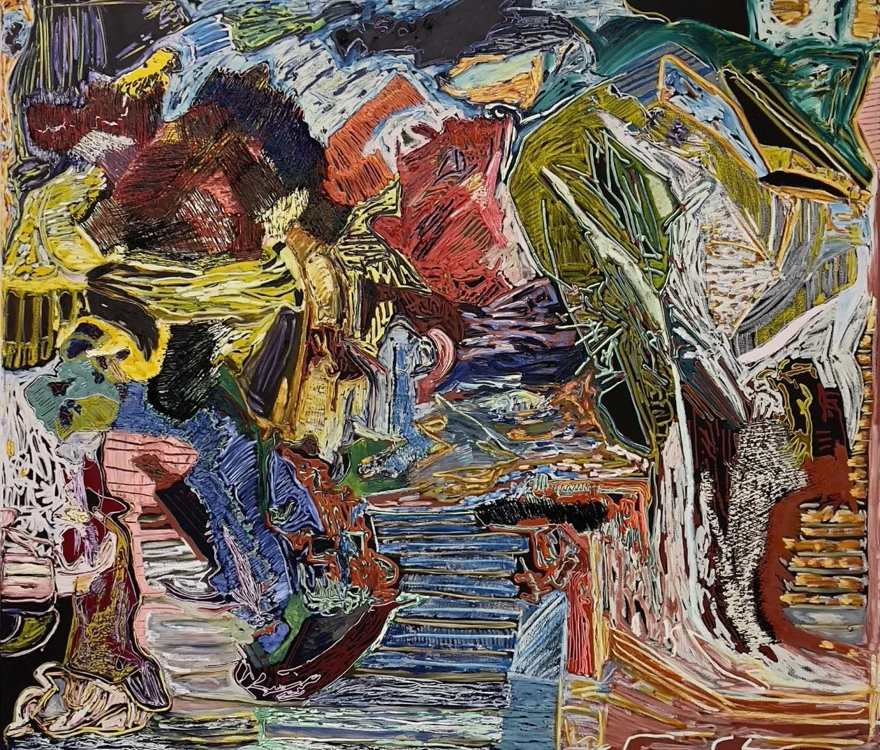 Leelee Kimmel, Hyrule, 2021, Acrylic, oil, oil pastel, and oil stick on canvas, 188 x 218.4cm