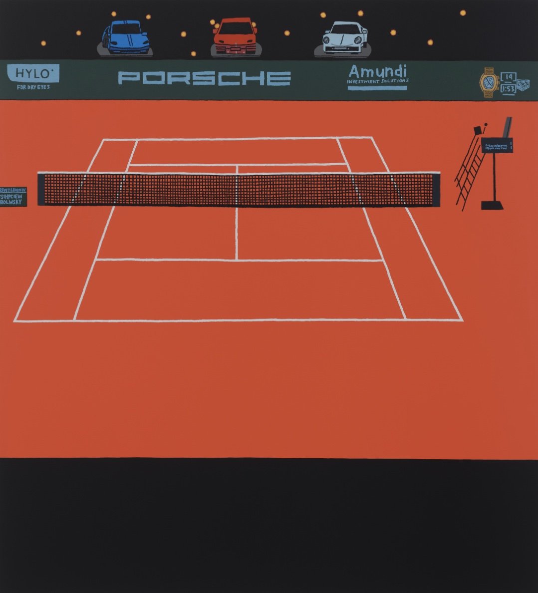 Jonas Wood, Porsche Tennis Grand Prix, 2025, oil and acrylic on canvas, 167.6 x 152.4cm