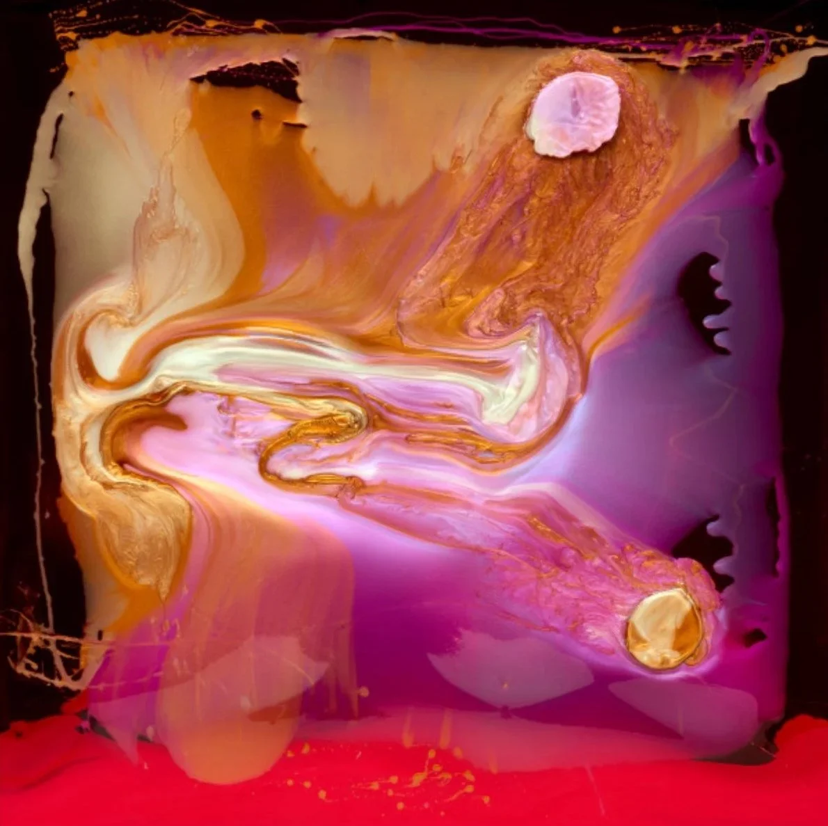 Abstract painting with swirls of pink, purple, orange, and white colors, containing a circular pink shape in the top right and a golden circular shape in the bottom right, all set against a dark and red background.