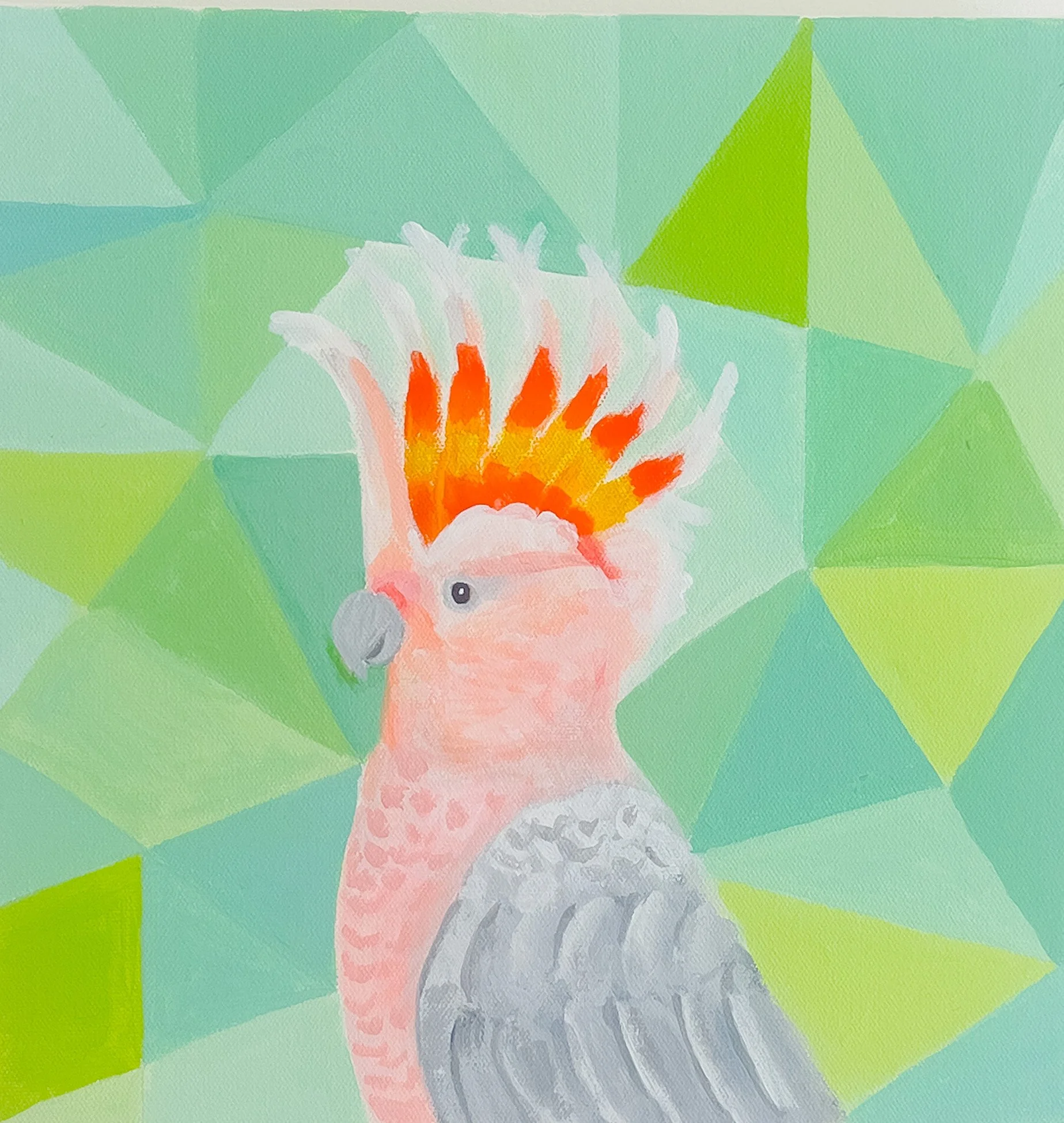 Big bold pink Cockatoo with green mosaic background