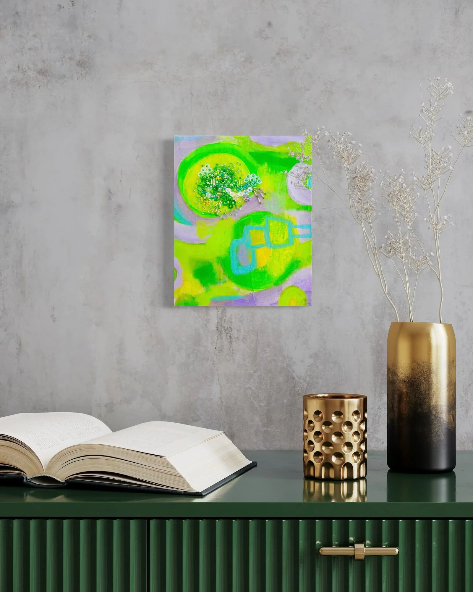 Here and There - An original abstract and beaded artwork reflecting the purple and greens of Jacarandas and purple petunias blooming in an Australian Summer