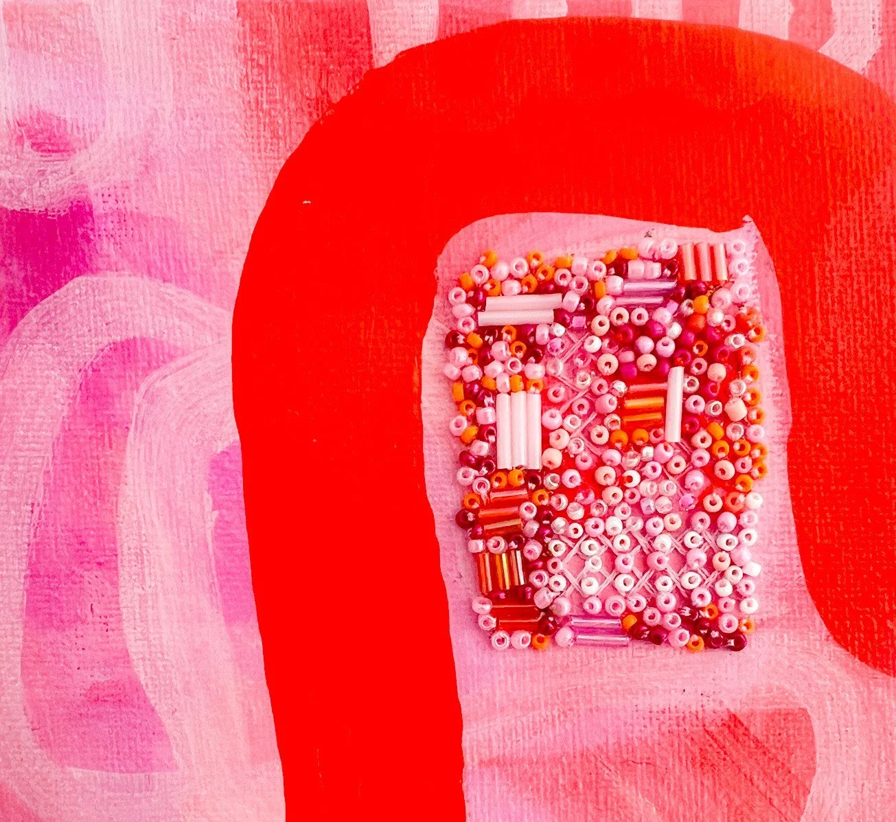 You have my heart - abstract artwork on canvas with beads and embroidery exploring emotions , connections and art