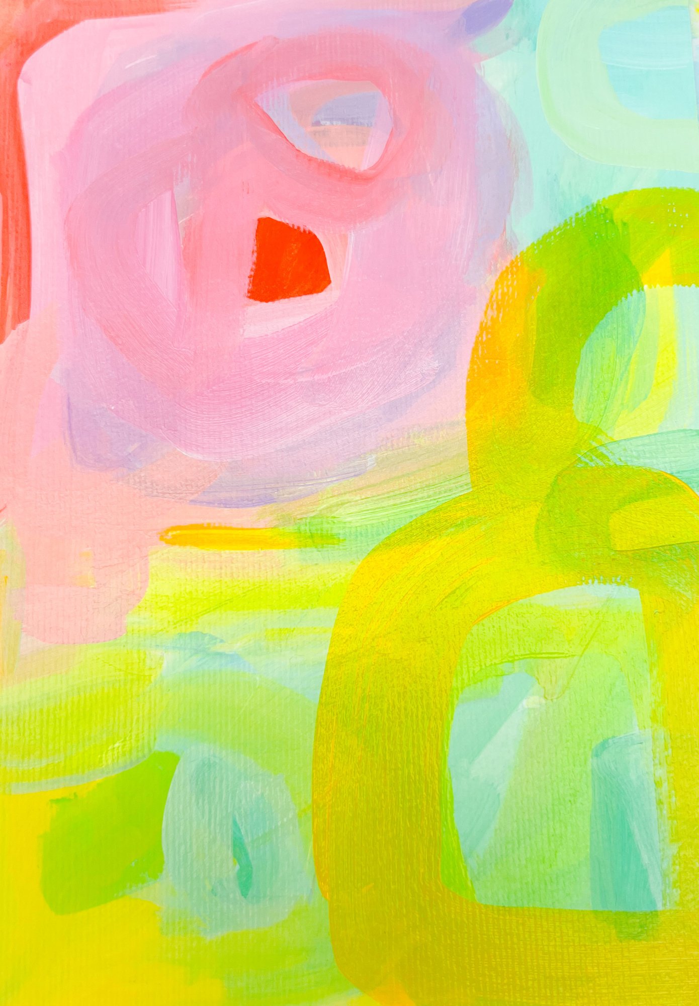 Bright abstract painting with pink and yellow and blue