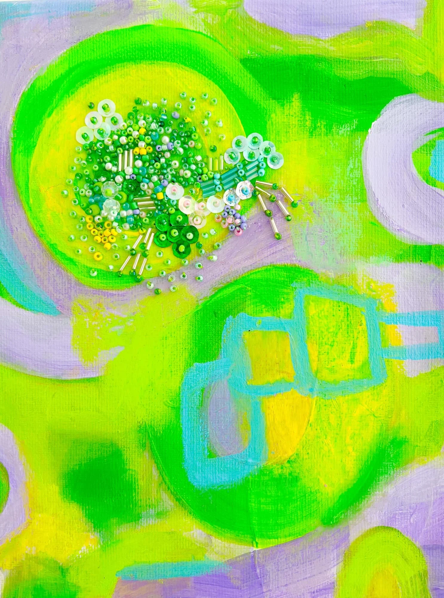 Here and There - An original abstract and beaded artwork reflecting the purple and greens of Jacarandas and purple petunias blooming in an Australian Summer