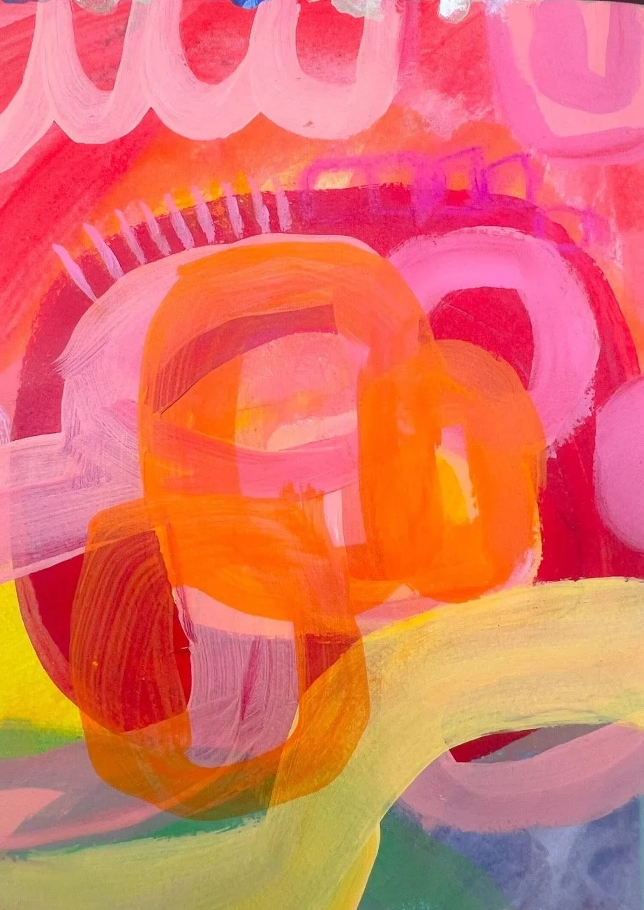 Abstract colorful painting with overlapping circles and brushstrokes in pink, orange, red, yellow, and green.