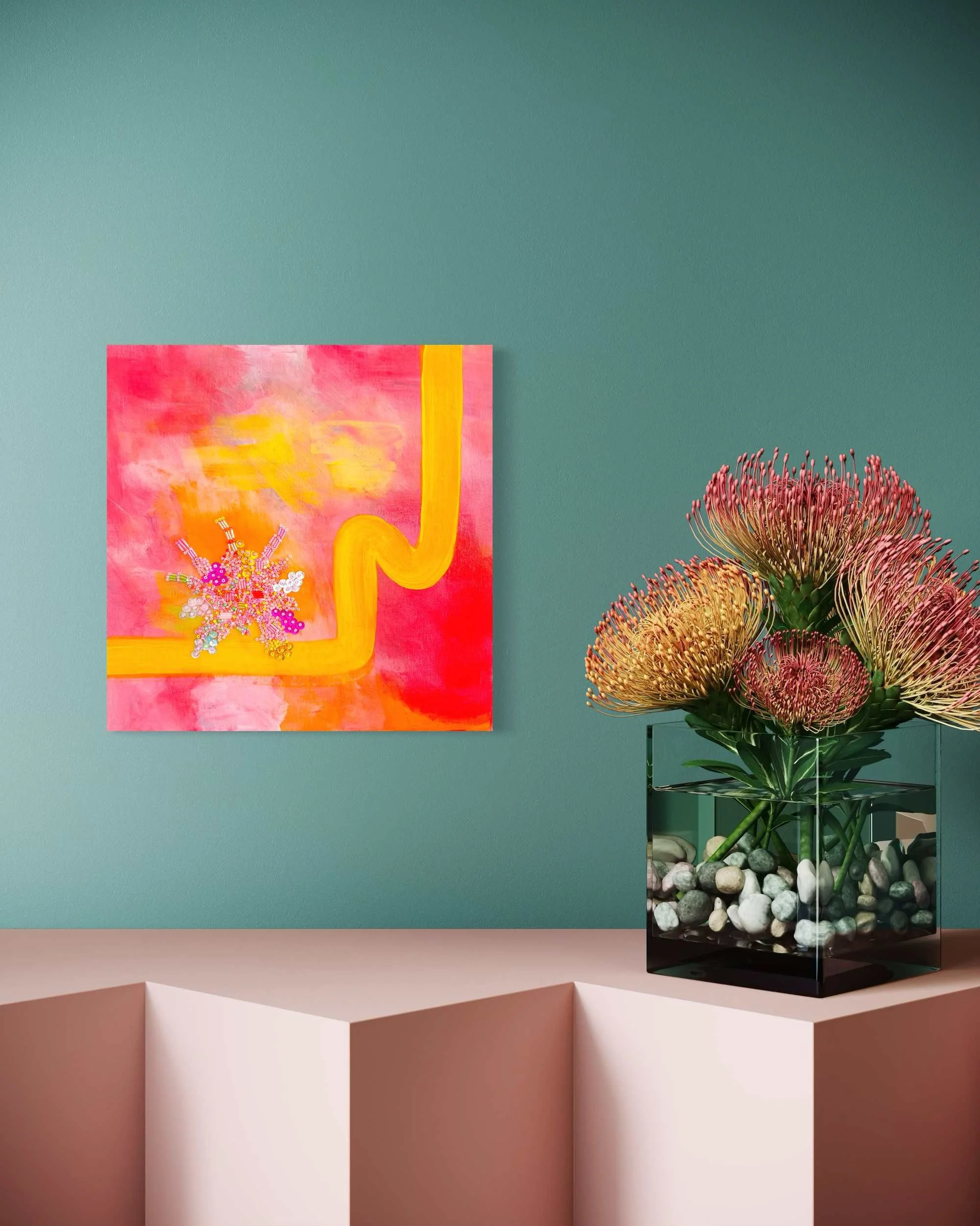 Stardust original abstract painting with hand-stitched glass beads - bold hot pink and orange artwork by Frieda Charlotte Australia