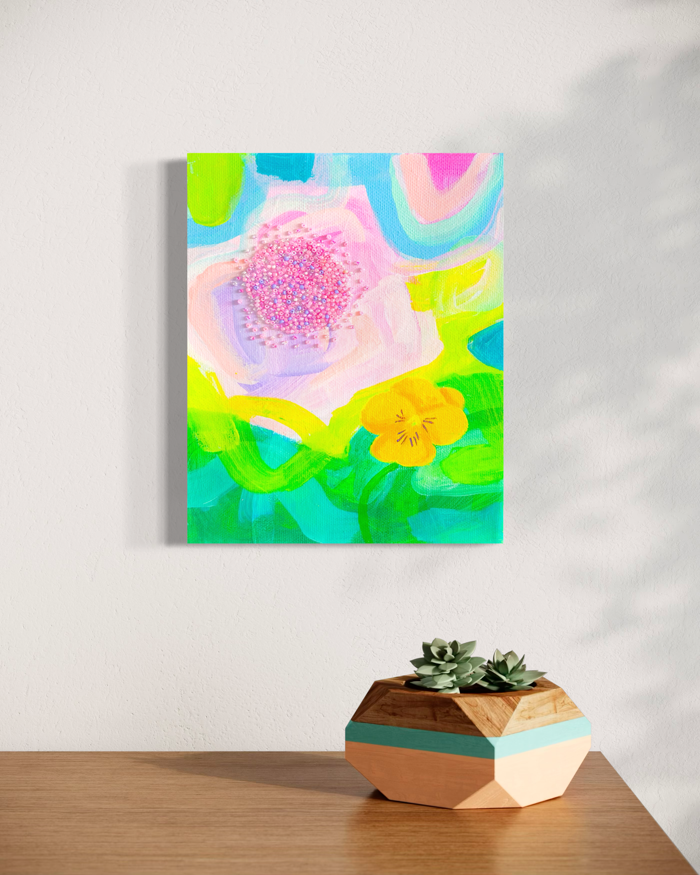 Abstract embroidered painting in pink and green