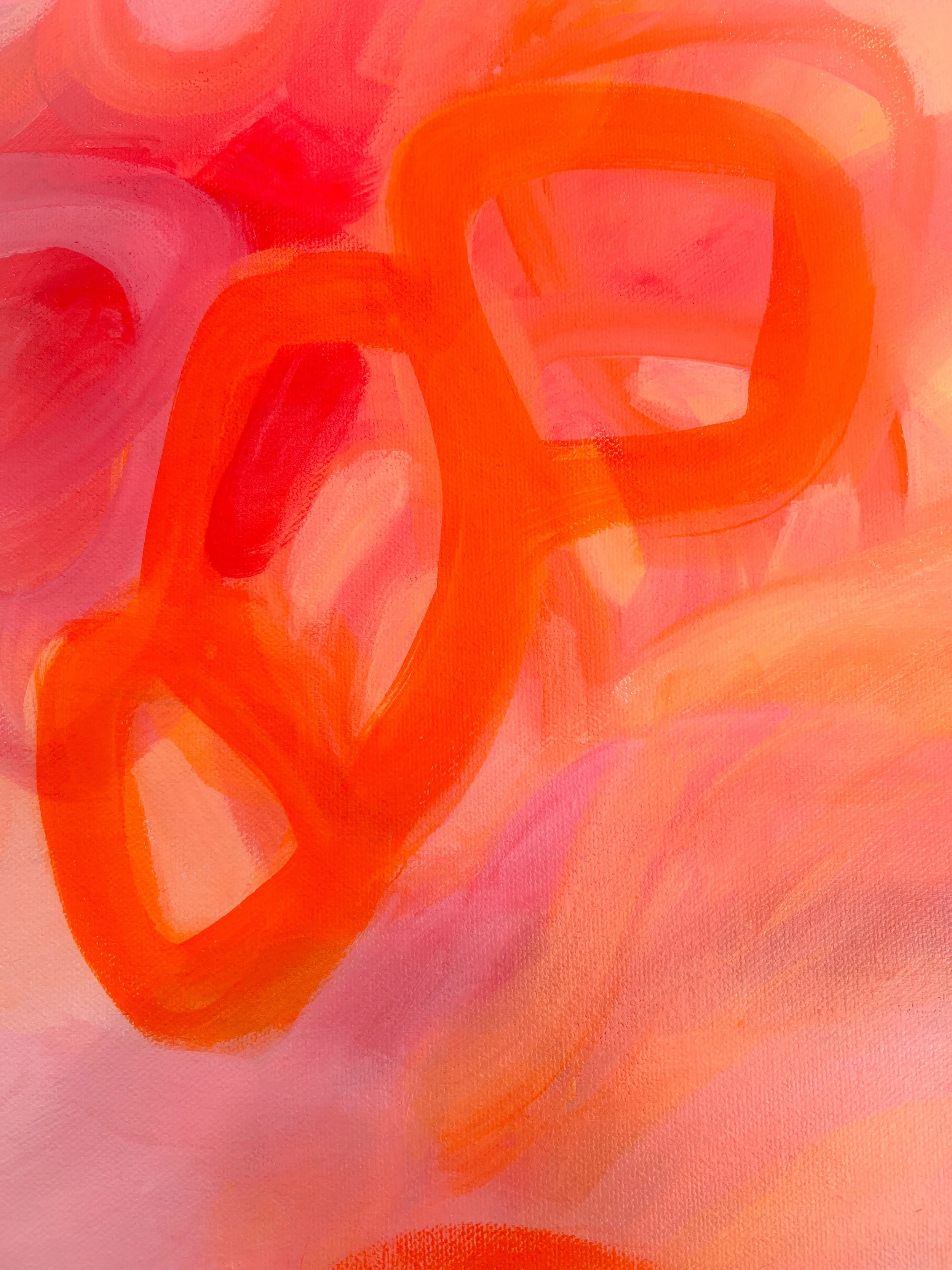 Abstract painting with swirls and strokes of orange, red, pink, and peach colors.