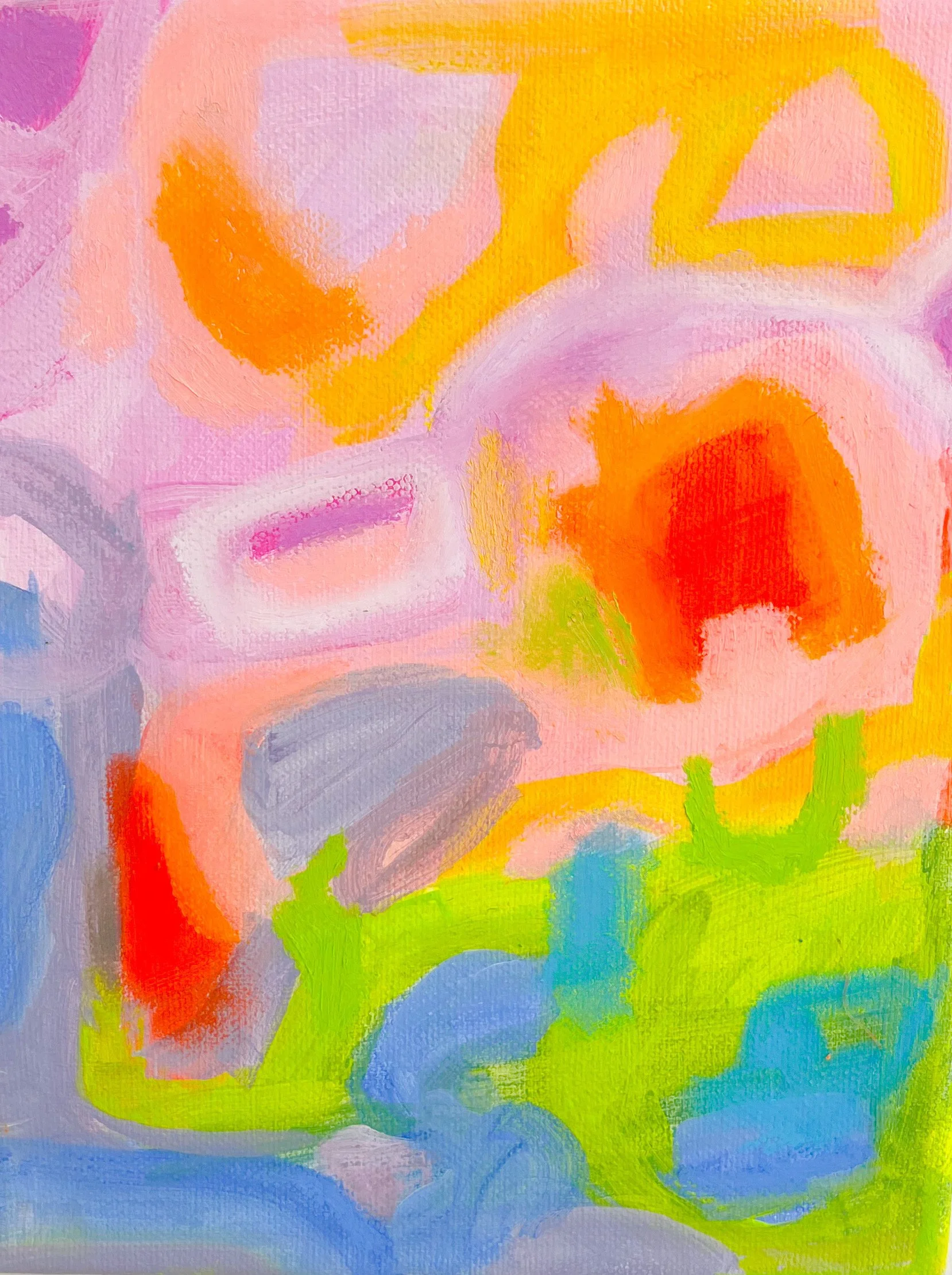 Vibrant Hum - Small Abstract painting with oranges, greens and blues exploring Melbourne summer days