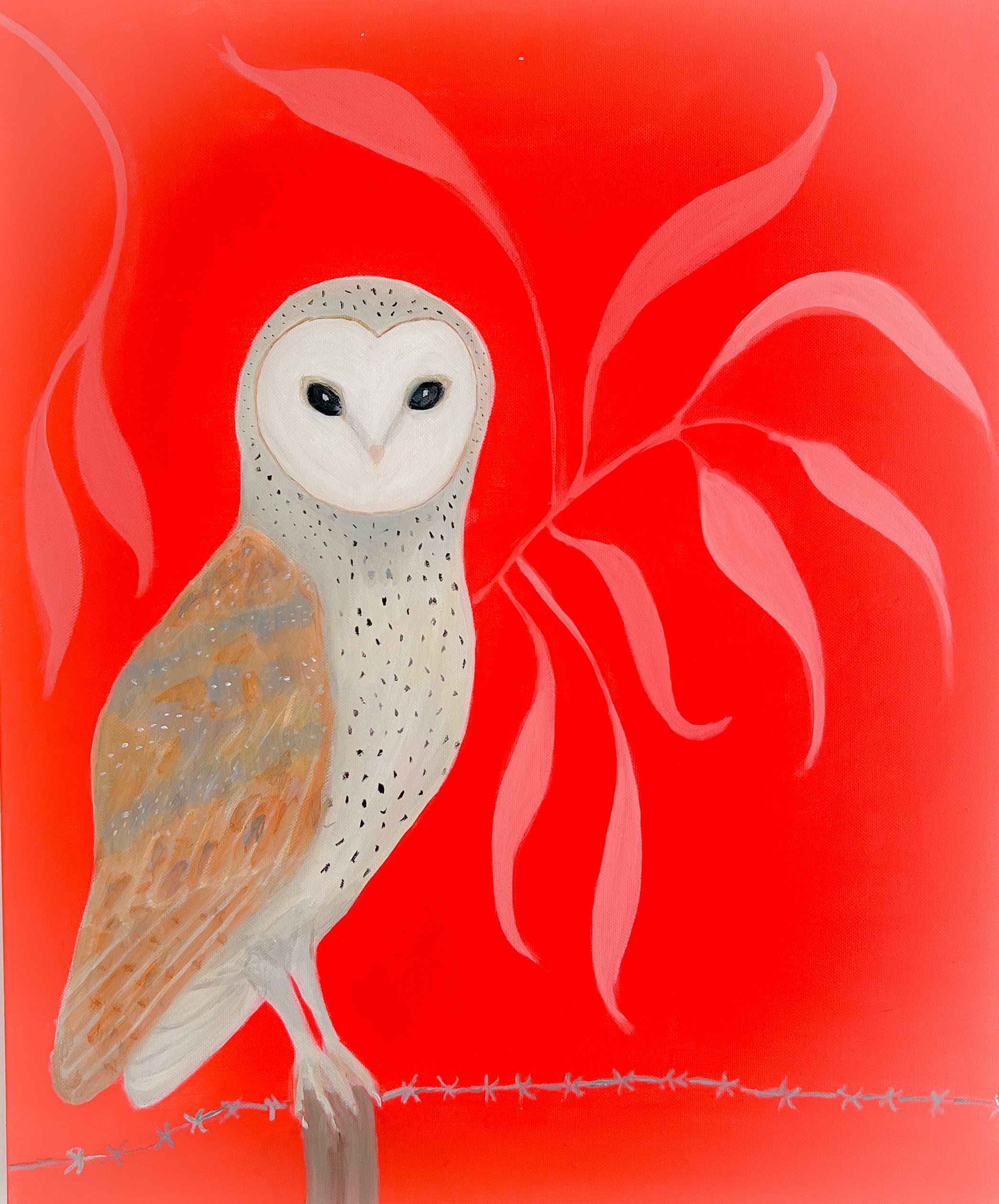 A hand-drawn illustration of a barn owl with black eyes, a heart-shaped facial disc, and light-colored feathers with small black spots, perched on a branch against a bright red background with abstract pink and white leaves.
