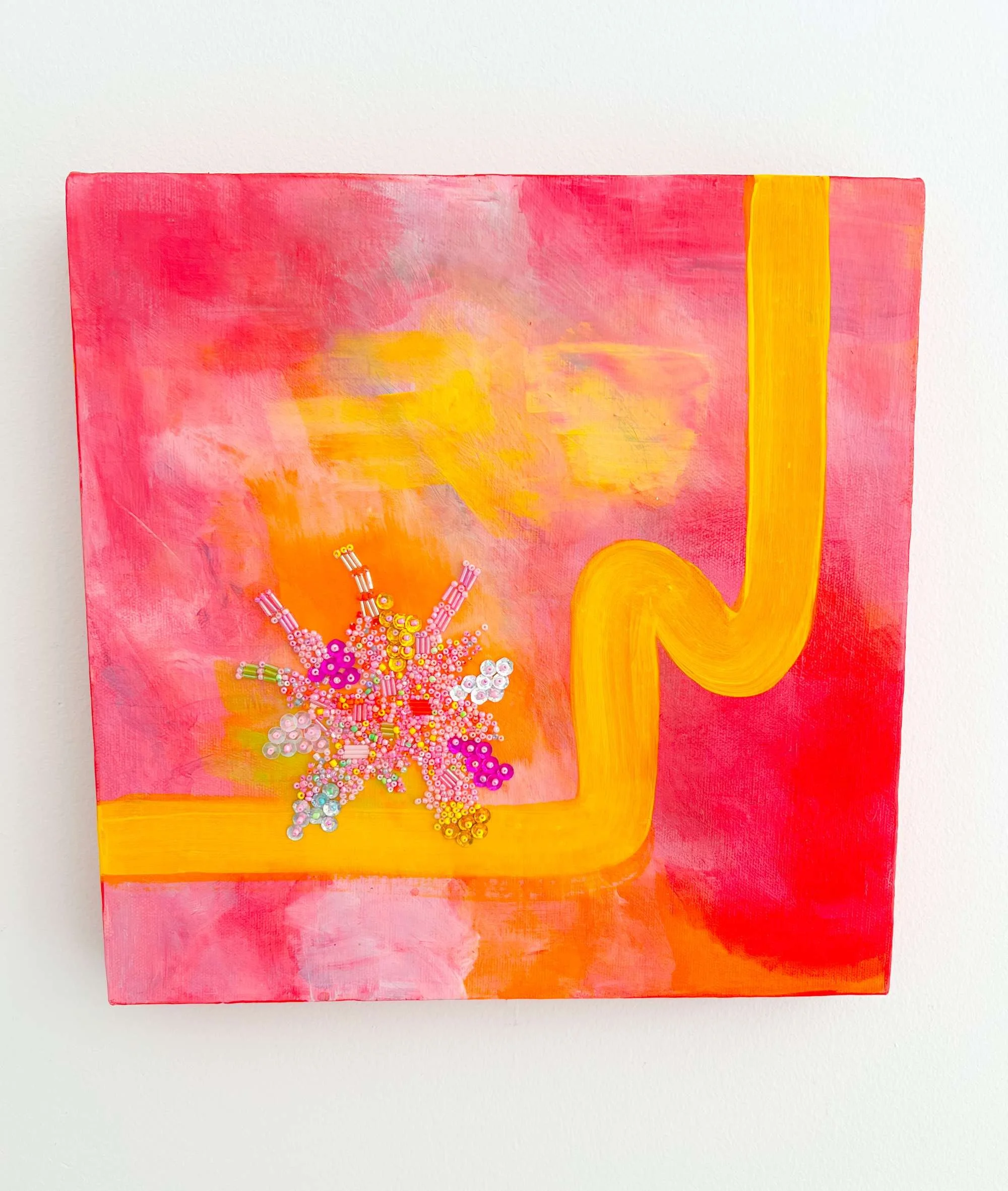 Stardust original abstract painting with hand-stitched glass beads - bold hot pink and orange artwork by Frieda Charlotte Australia