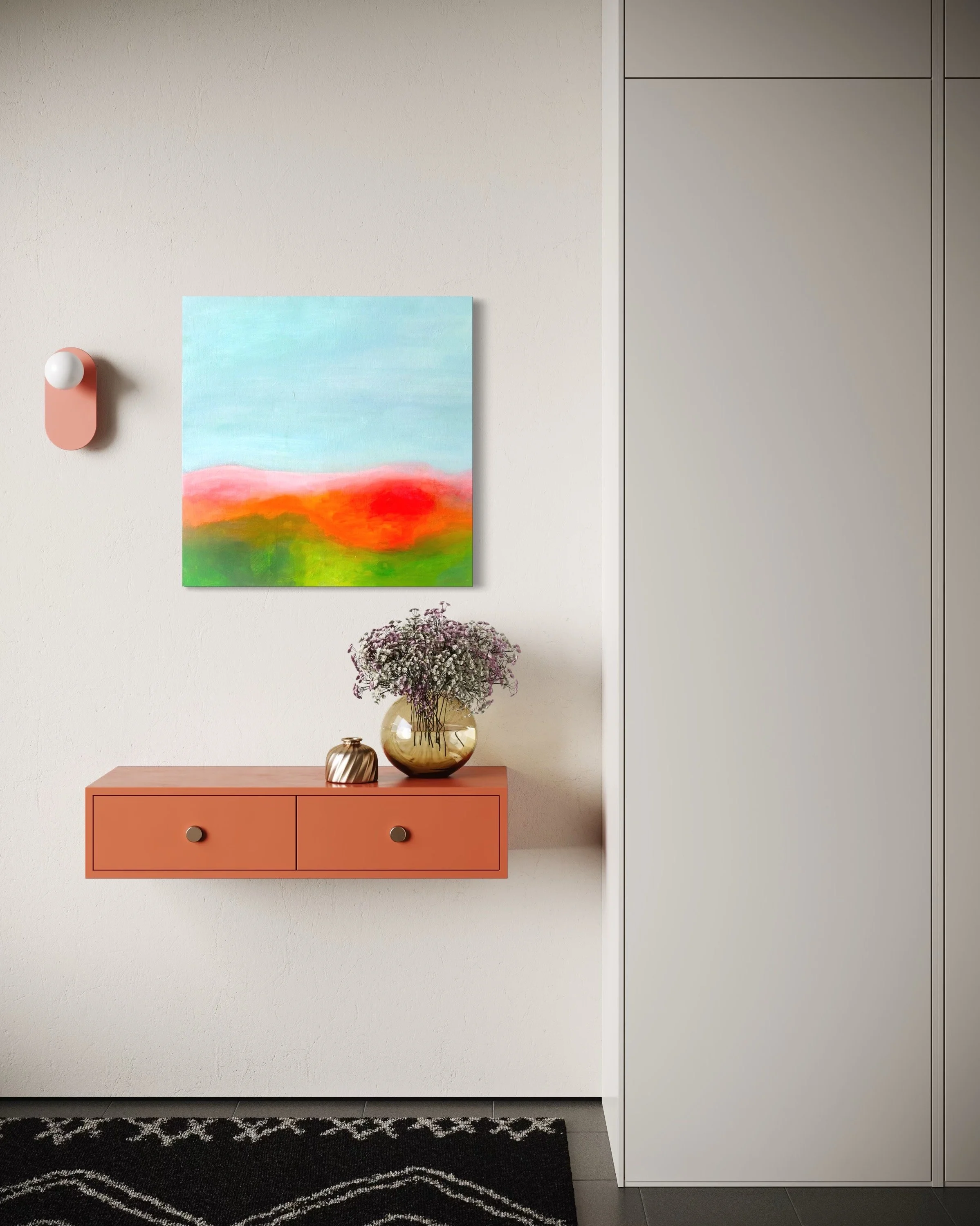 Modern interior with a colorful landscape painting, a pink wall-mounted light fixture, a coral wall shelf with vases, and a cream-colored wall and closet.