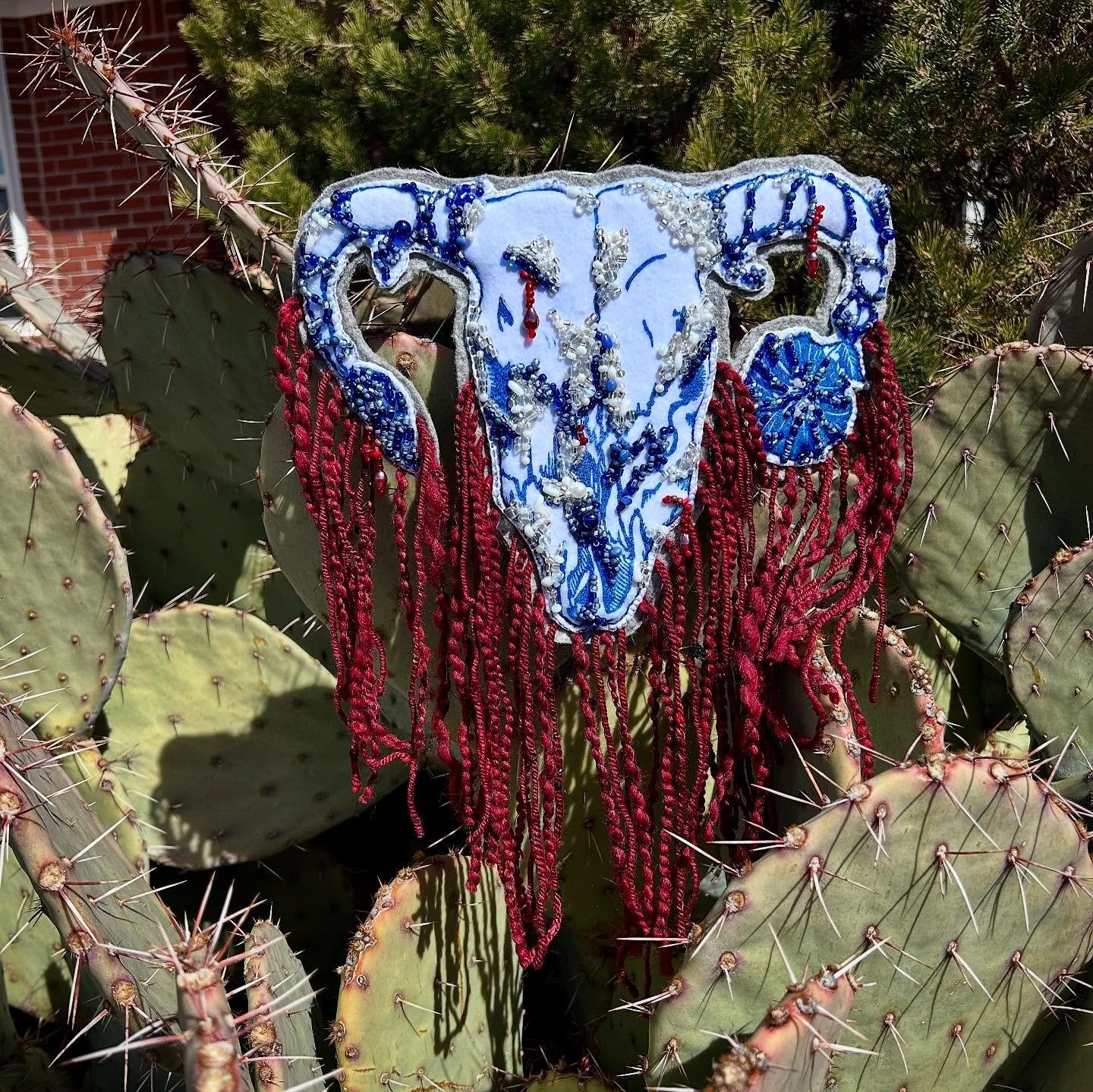 SHE&rsquo;S FINALLY FINISHED!!! This piece has been months in the making. I shared the print with already, but that was always meant to be phase one&hellip;THIS was the vision! BARREN BY CHOICE is a relief print on felt that I then hand beaded and se