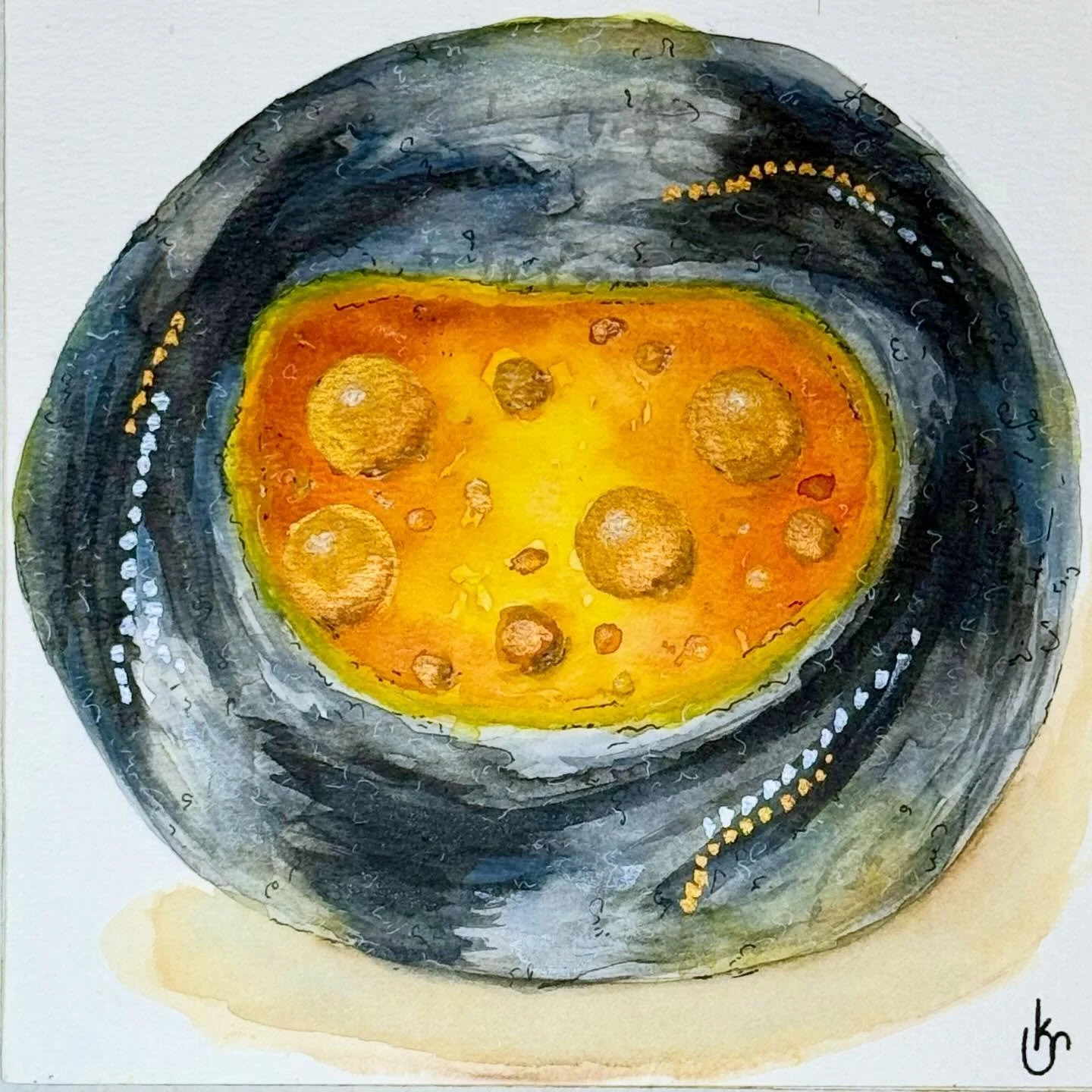 Echo #12 (The Sun) - watercolor (Available) - For the Unearthed series, each felted vessel was accompanied by a watercolor painting which I call an echo. Alluding to Magritte&rsquo;s &ldquo;The Treachery of Images,&rdquo; these echos are just that, t