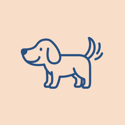 Simple line drawing of a playful cartoon dachshund with a wagging tail on a beige background.
