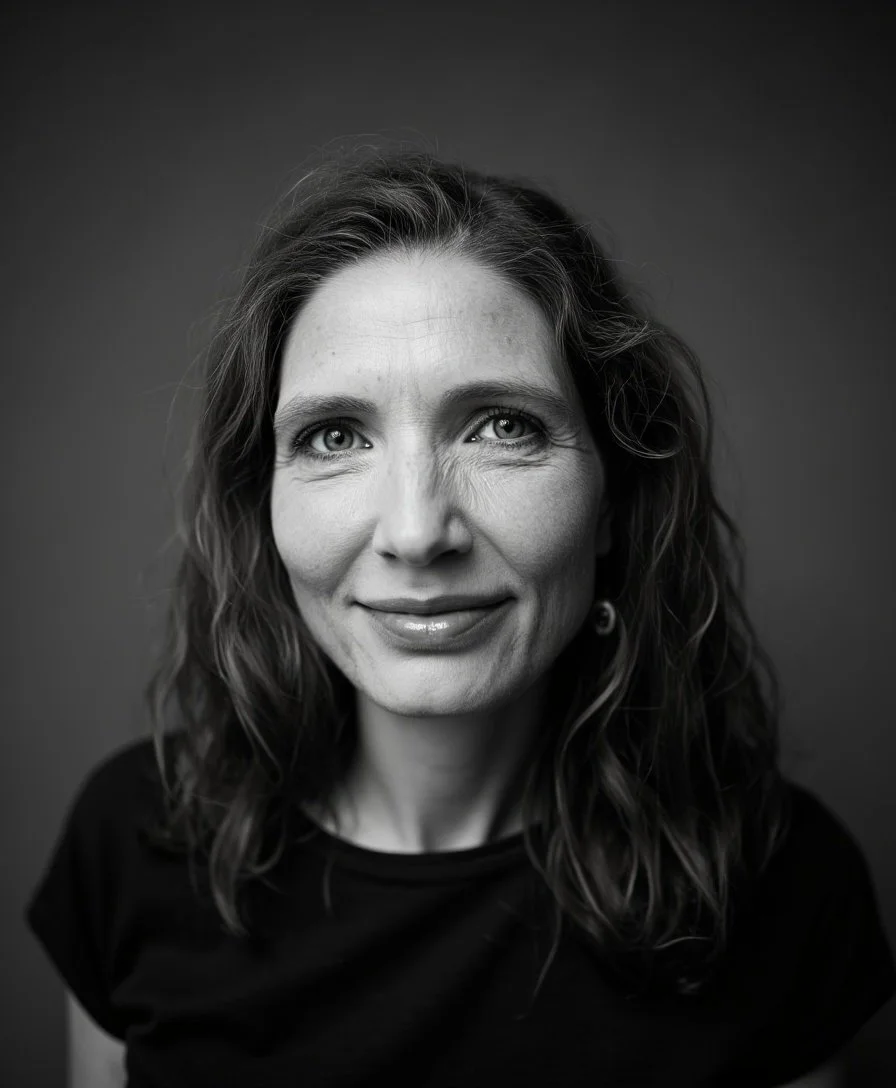 Sort-hvid portrætfoto af en smilende kvinde med krøllet hår, der ser direkte på kamera, mod en simpel grå baggrund.