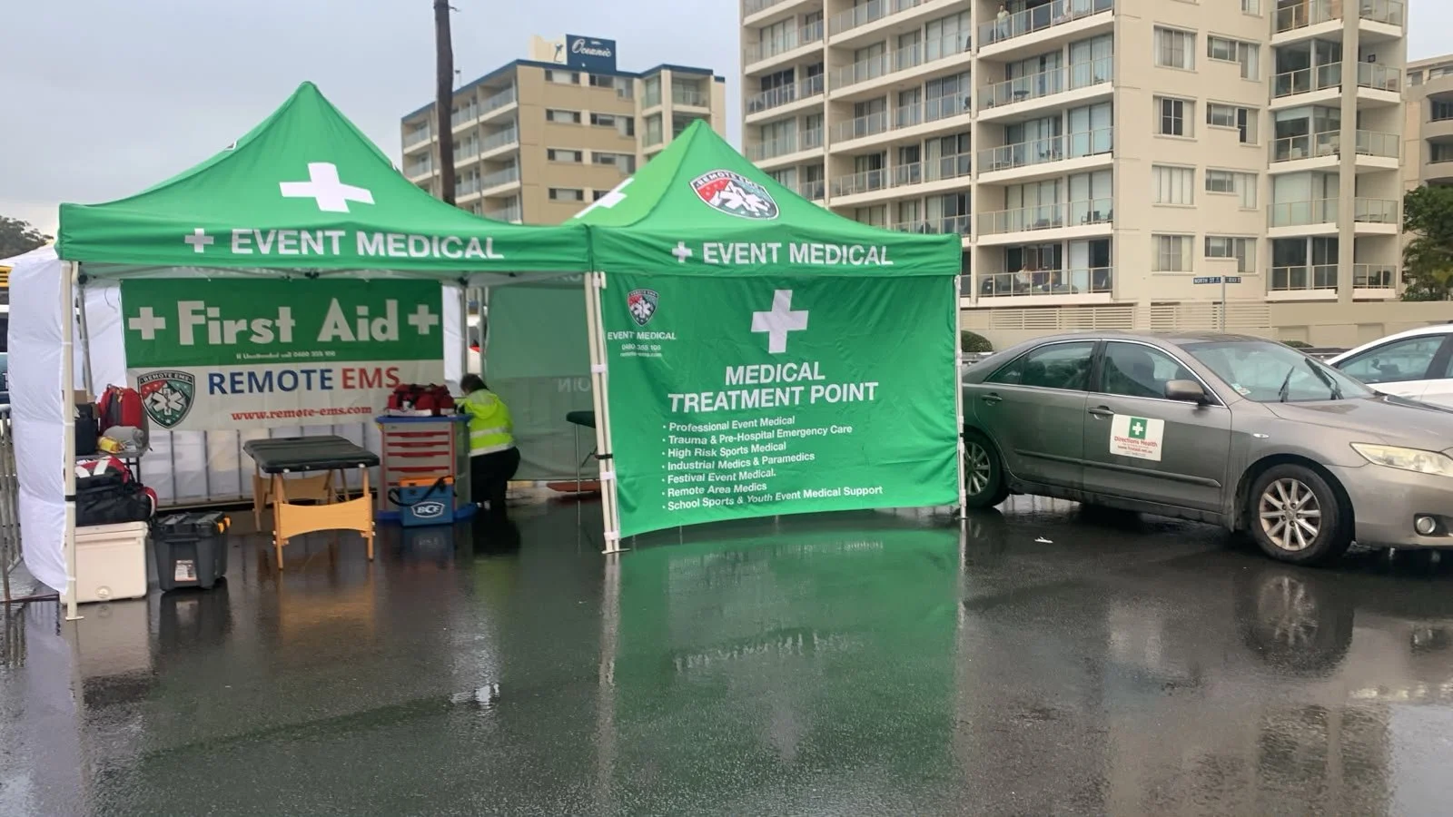 Remote EMS event medical treatment point operating in wet weather