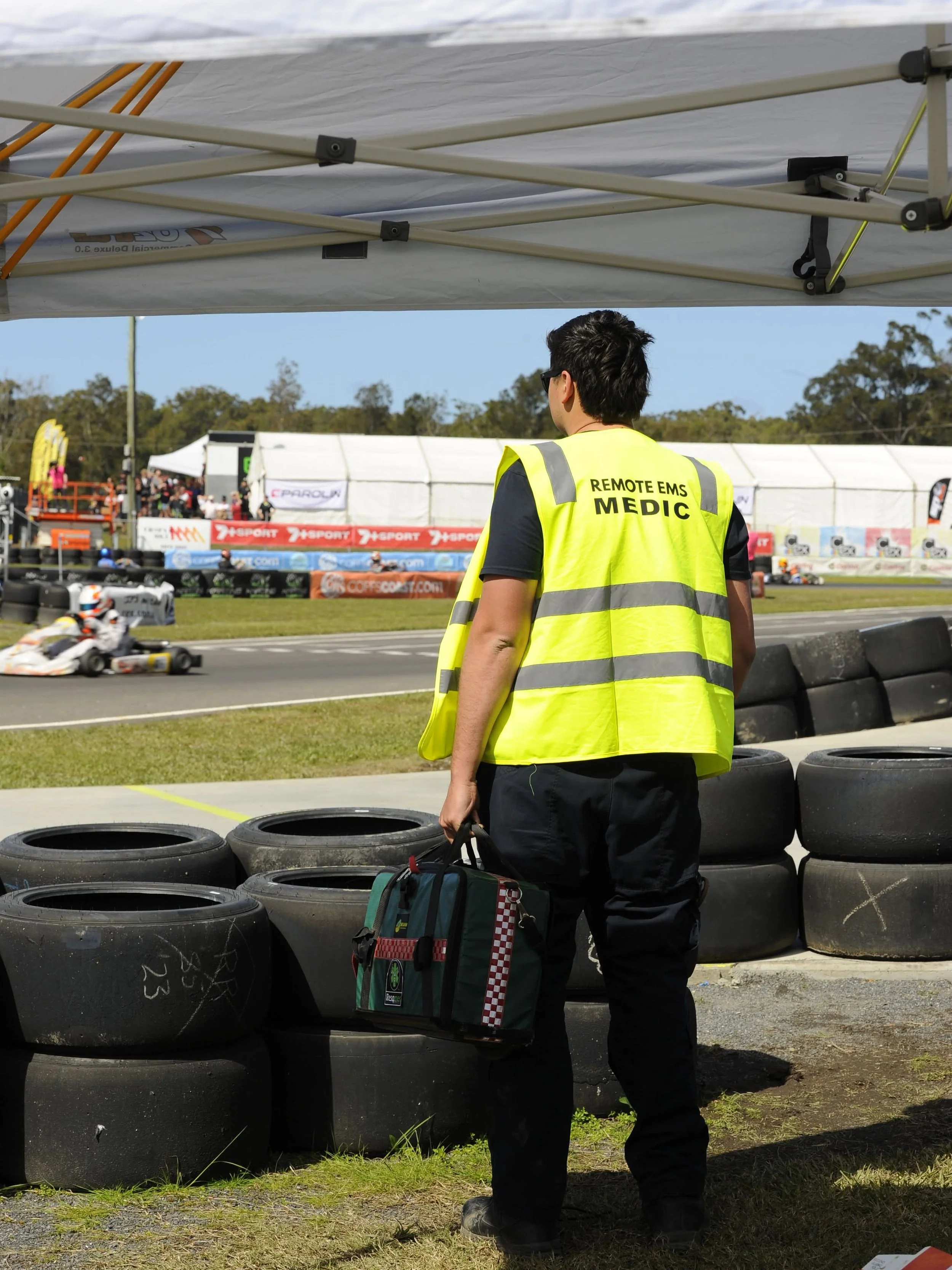 Remote EMS event medic providing motorsport medical coverage