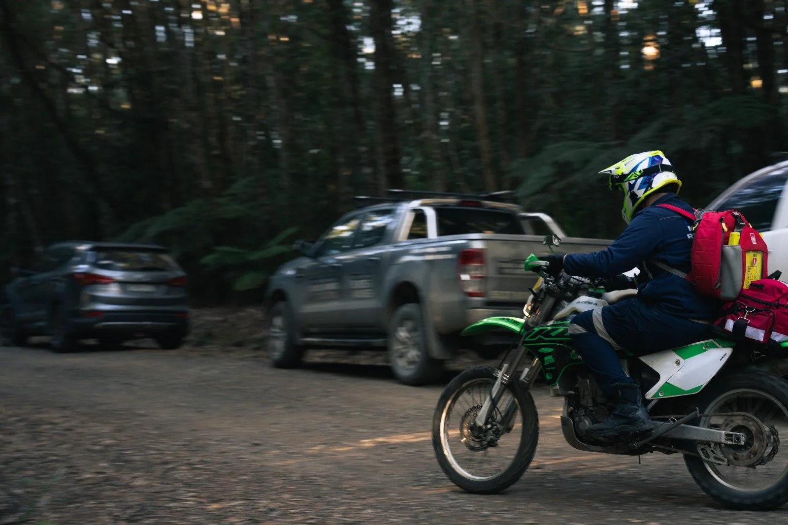 Remote EMS off road medical response clinician on a trail motorcycle