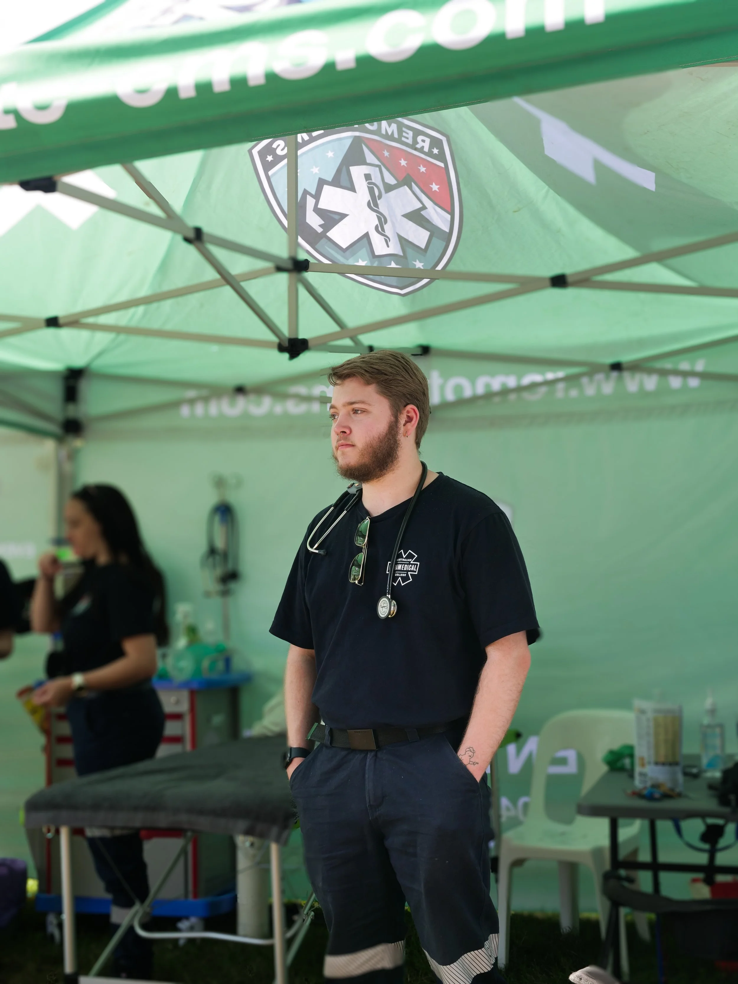 Remote EMS event medic inside a professional event medical treatment tent