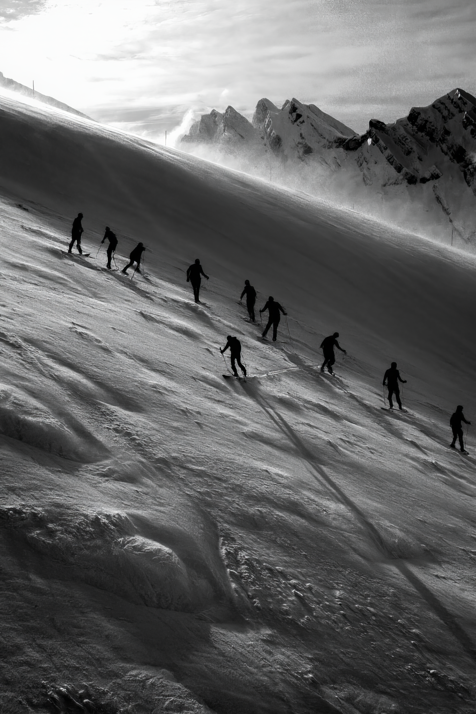 Multiple skiers silhouettes in single file down a snowy slope, with mountains in the background in a frosty landscape. La Clusaz, France.
