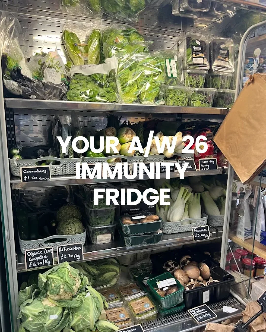 A/W Immunity Fridge 

Cooler temperatures and shorter days in autumn can weaken our defences against illness. Drier air makes it harder for the respiratory tract to trap and clear pathogens, while reduced sunlight lowers vitamin D production, a nutri